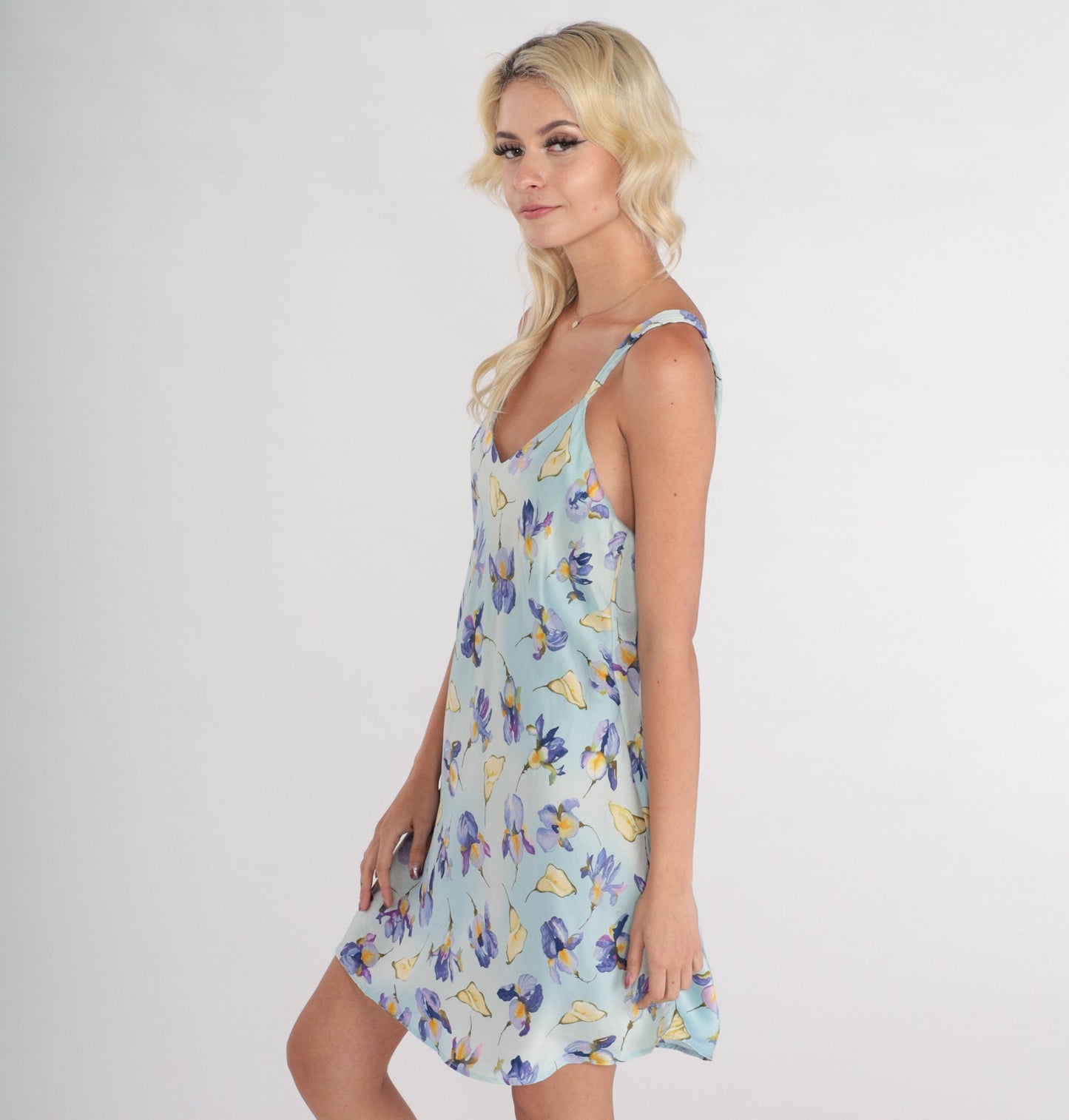 00s Blue Floral Silk Slip Dress Mini Sleeveless Nightgown Medium M
