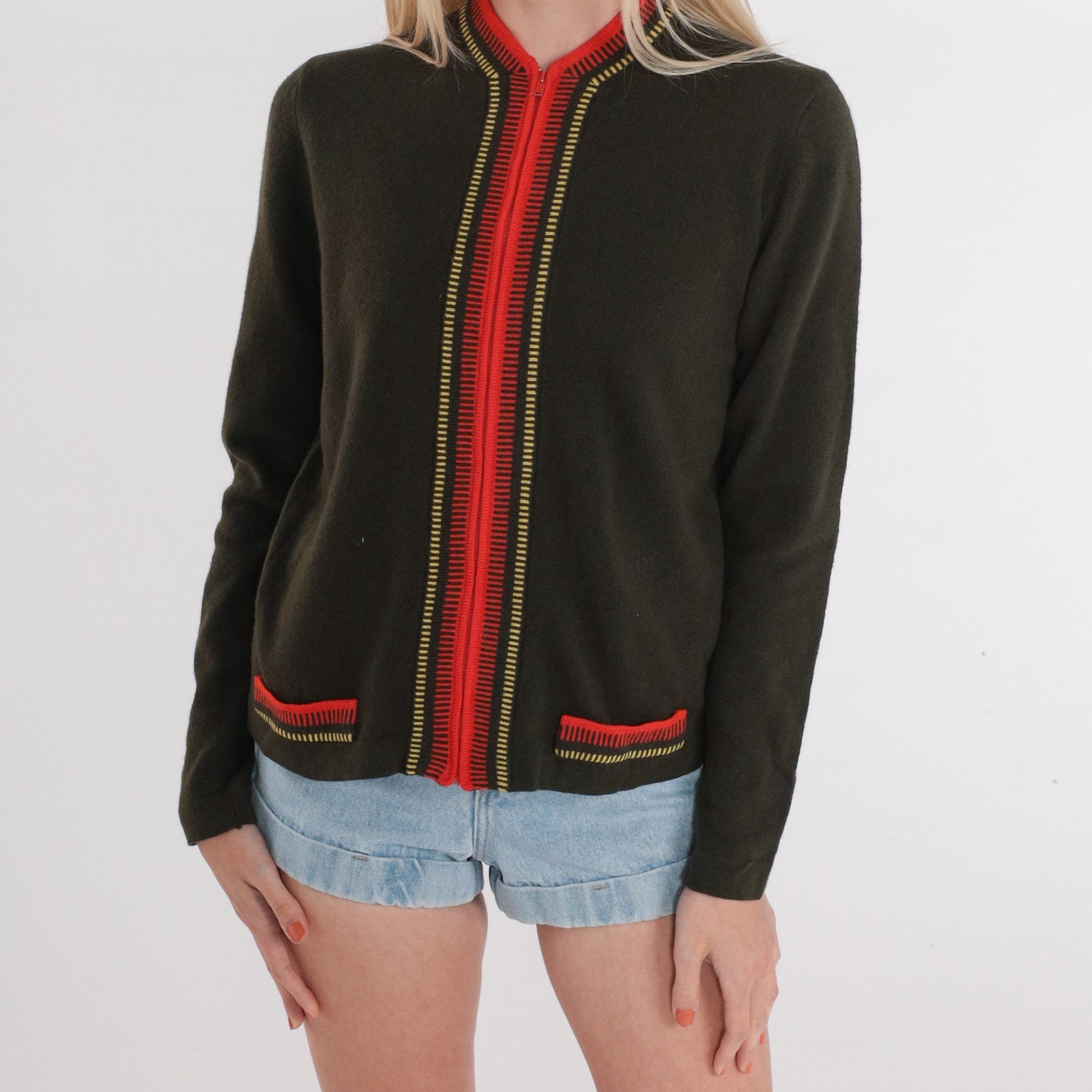 80s Olive Green Wool Cardigan Red Trim Zip Up Sweater Small S