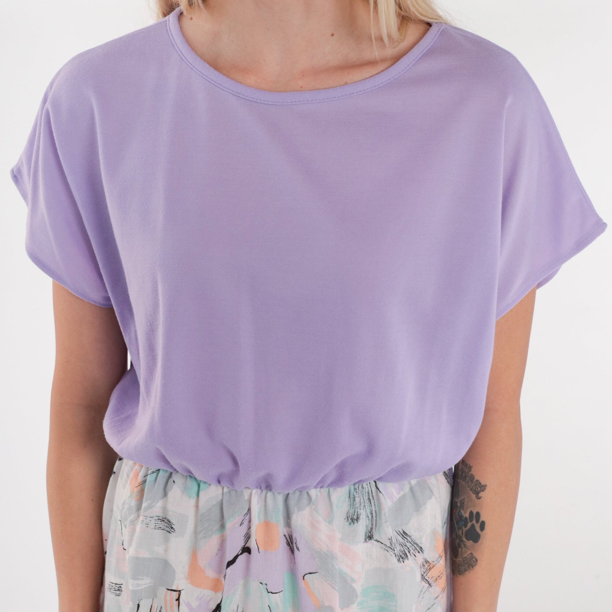 80s Purple Midi Dress Abstract Brushstroke Print High Waist Short Sleeve Medium