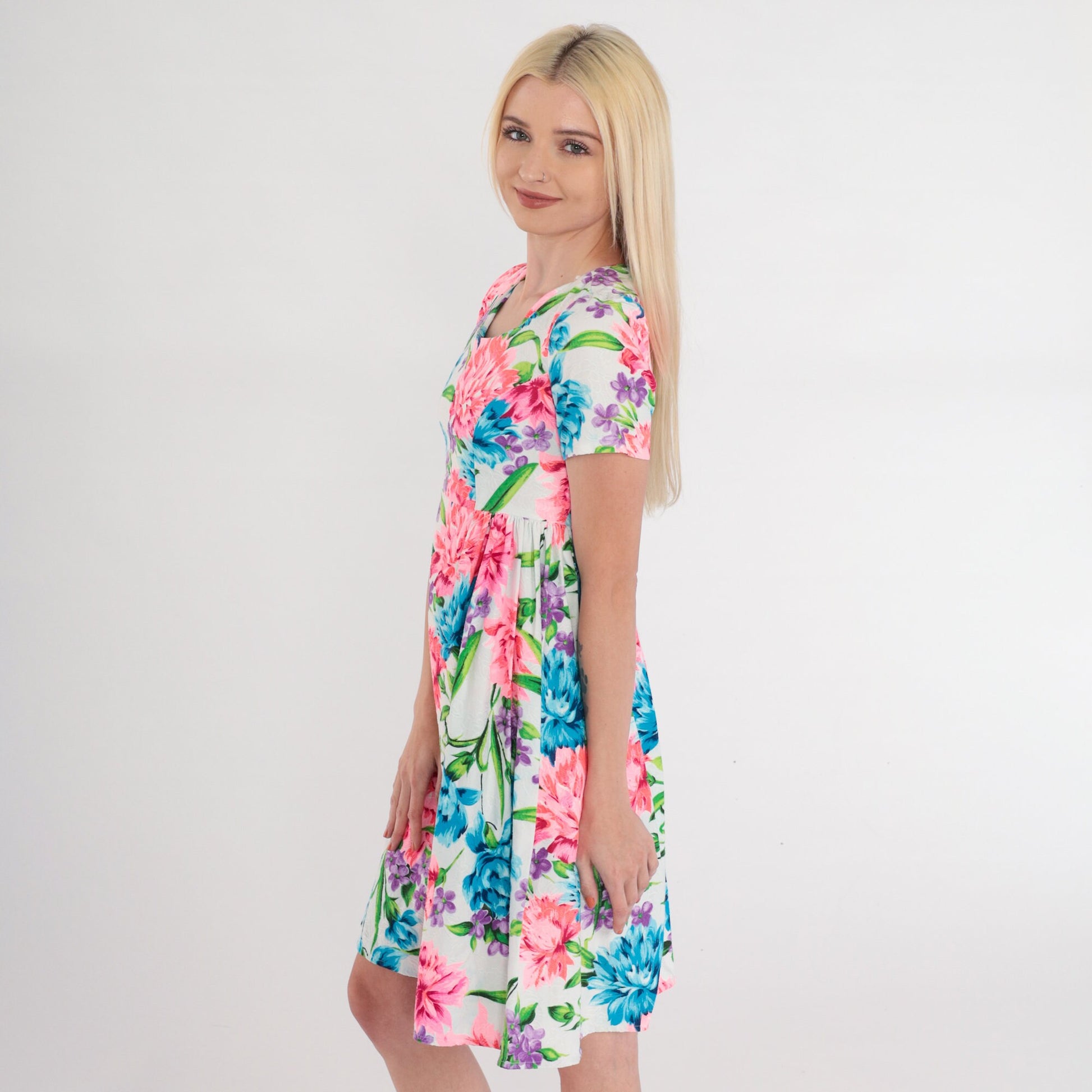 70s Floral Mini Dress White Empire Waist Short Sleeve Babydoll XXS