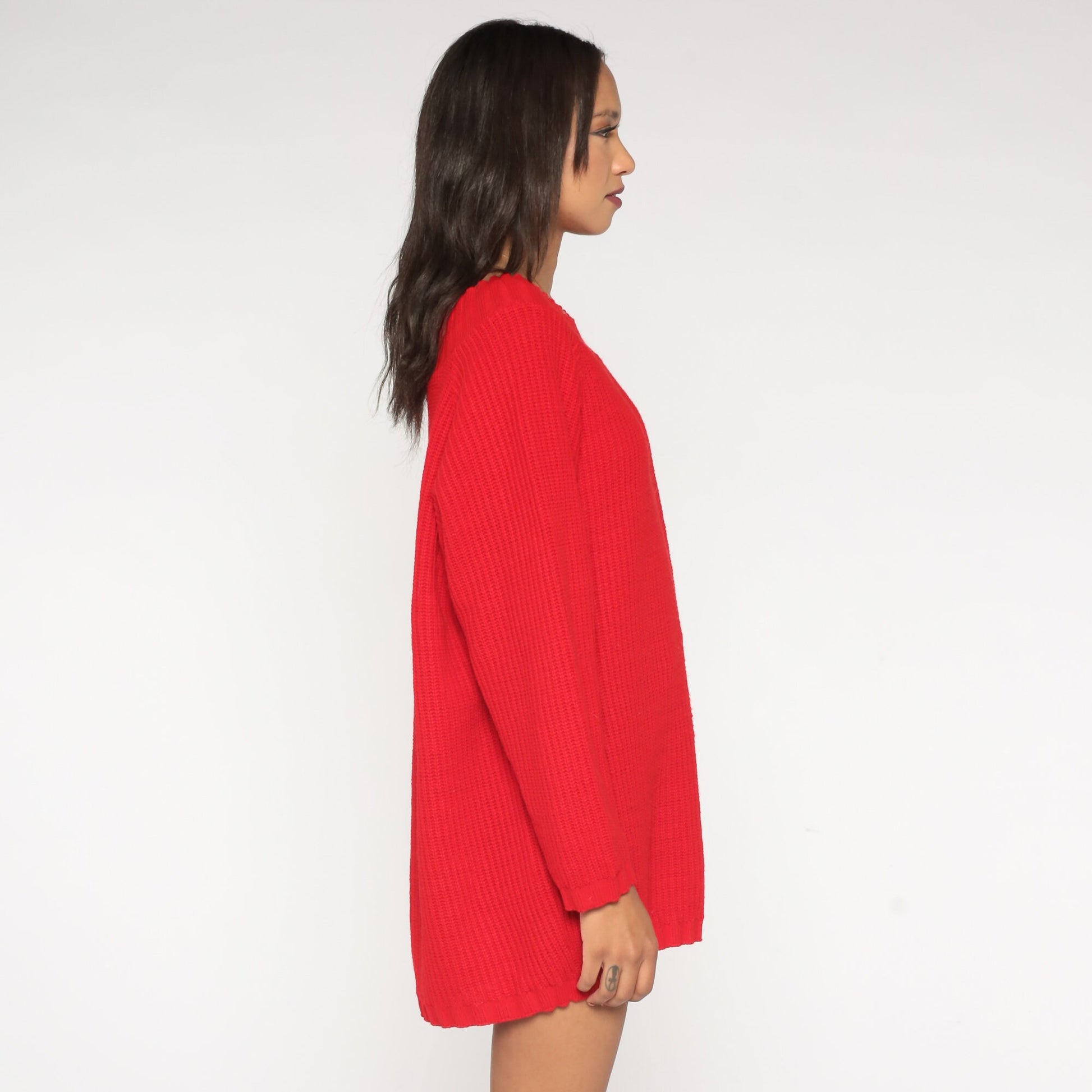 80s Red Ribbed Knit Sweater Wide Neckline Slouchy Pullover Large L
