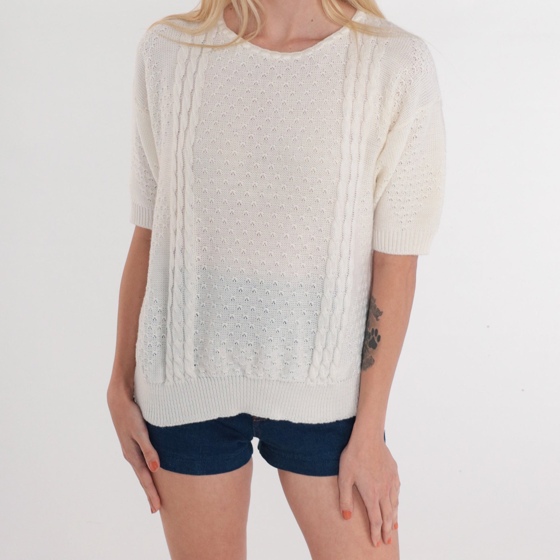 80s White Cable Knit Pointelle Cutout Short Sleeve Sweater Top Small Medium