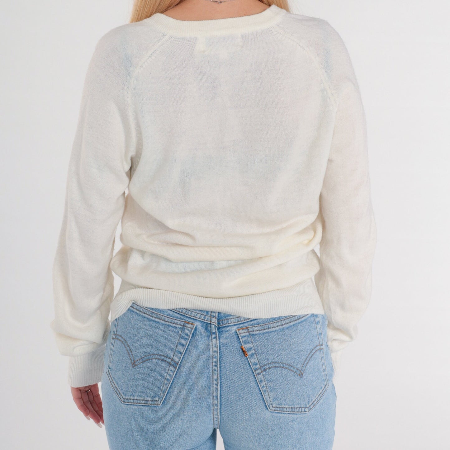 80s White V-Neck Knit Pullover Sweater Semi-Sheer Small S
