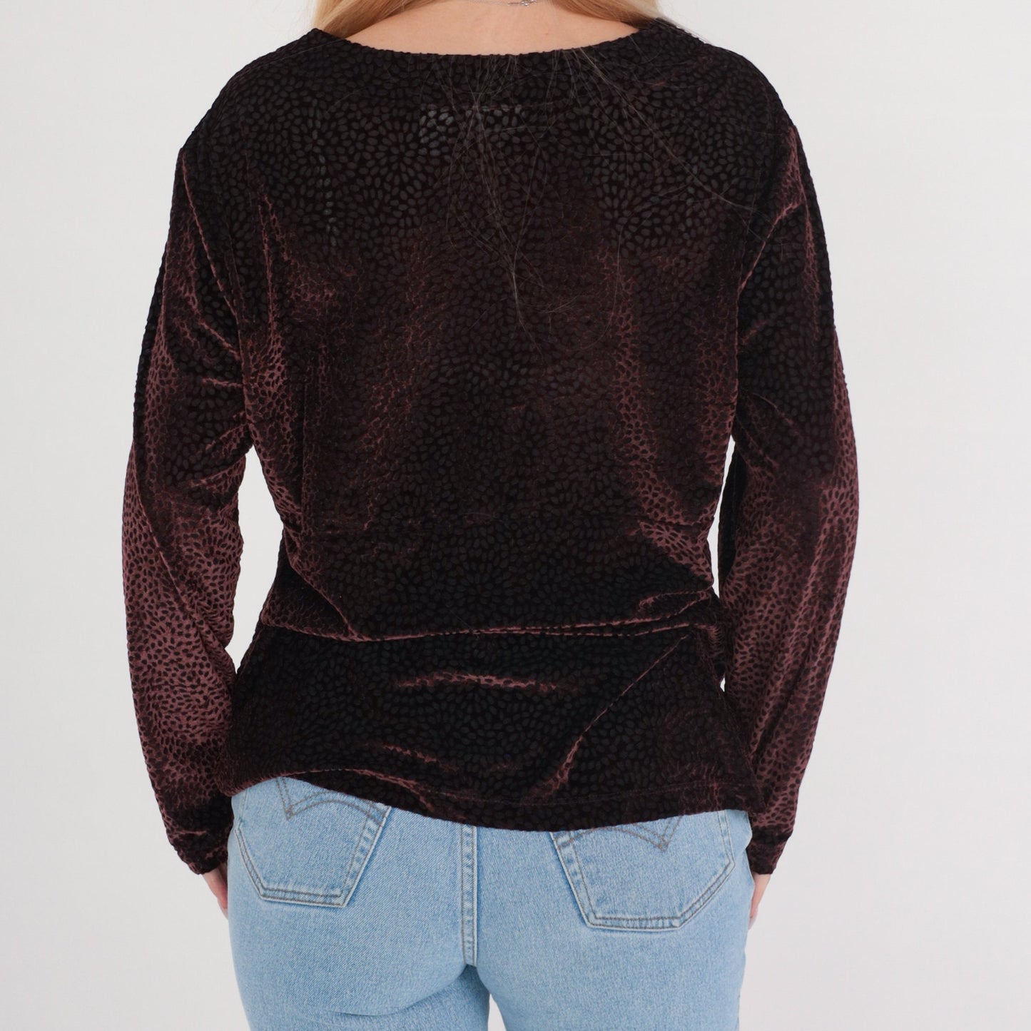 Y2K Wine Velvet Burnout Blouse Leopard Print Button-Up Long Sleeve V-Neck Extra Small