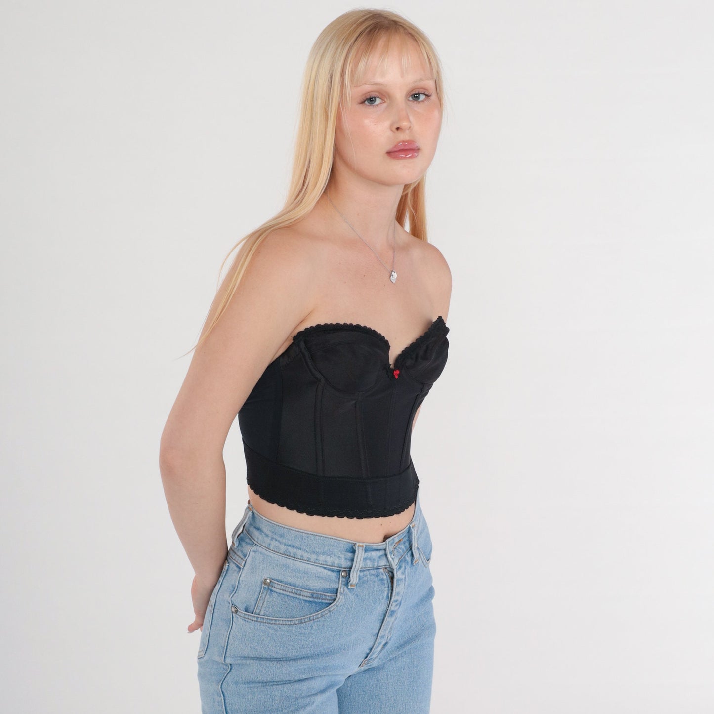 80s Black Boned Bustier Corset Strapless Sweetheart Scalloped Rosette 34A XS