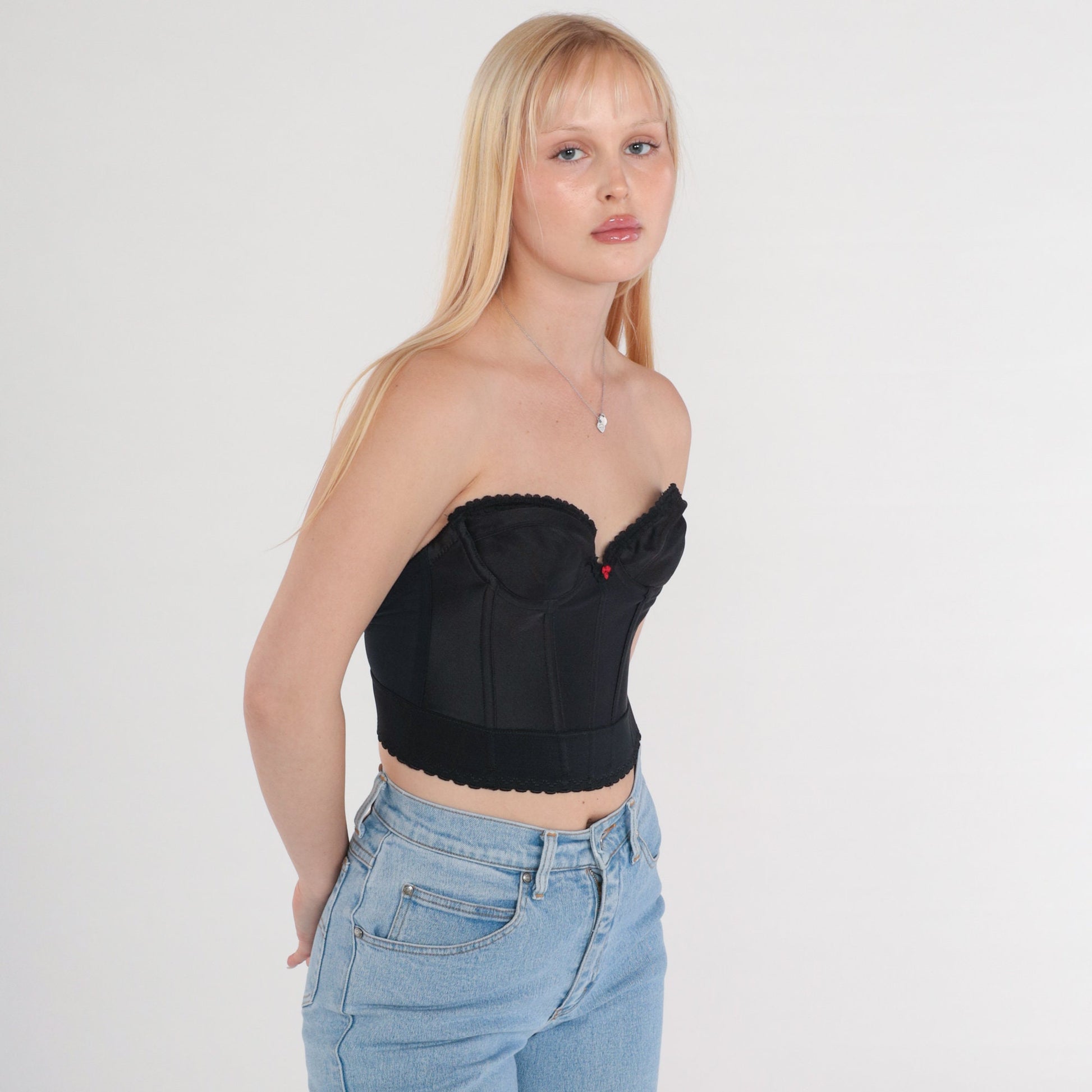 80s Black Boned Bustier Corset Strapless Sweetheart Scalloped Rosette 34A XS