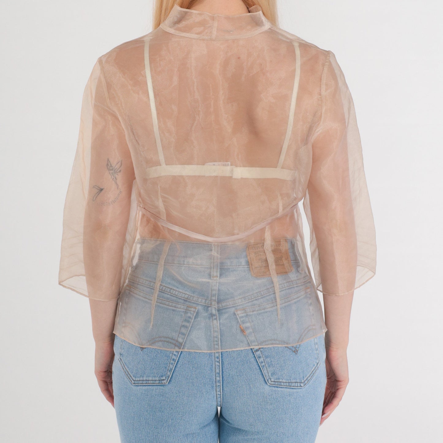 00s Sheer Tan Organza Jacket Tie Front Long Sleeve Medium Large