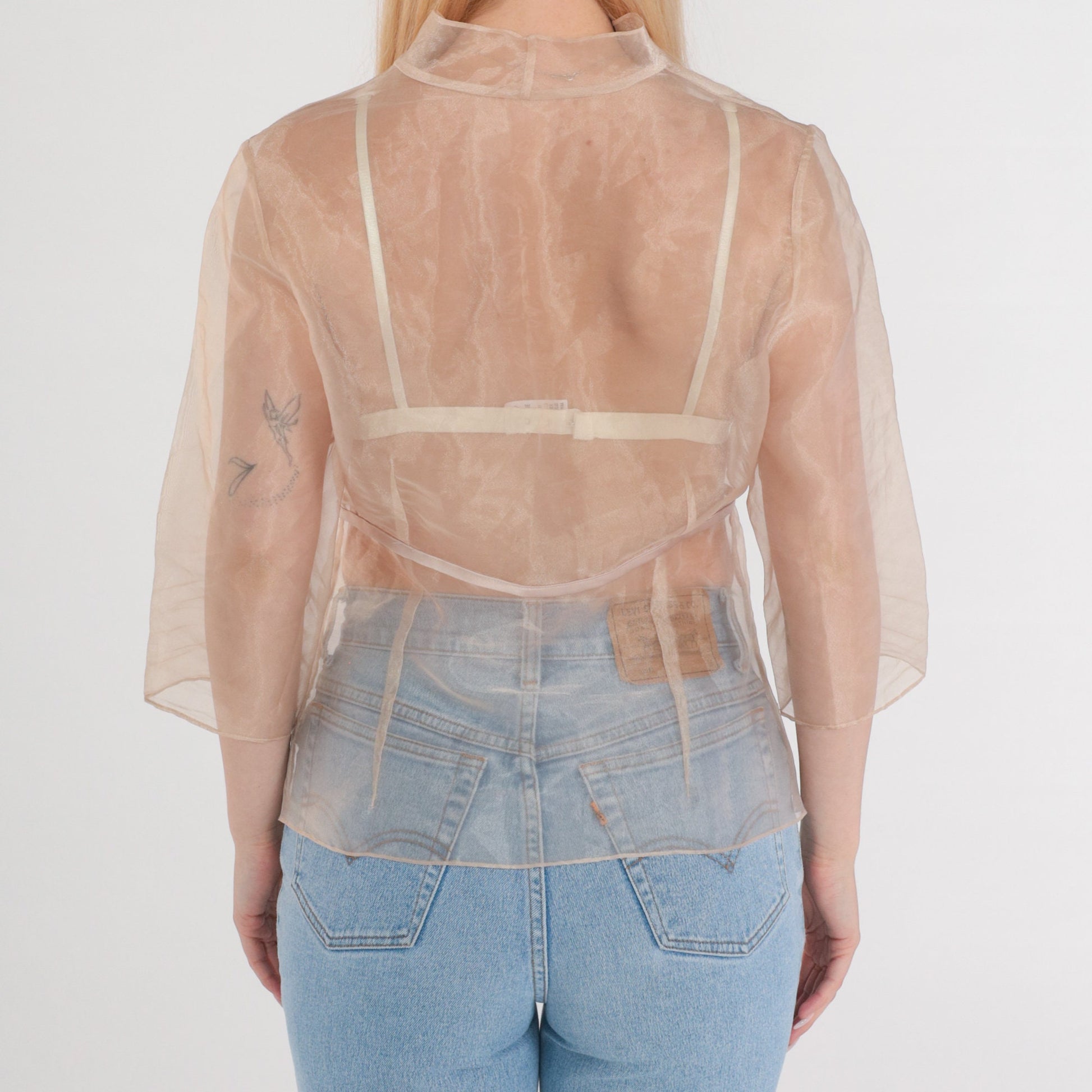 00s Sheer Tan Organza Jacket Tie Front Long Sleeve Medium Large