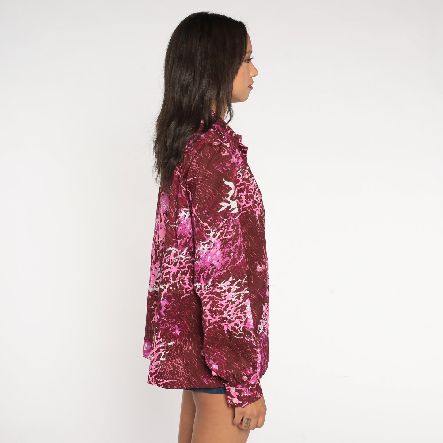 70s Burgundy Abstract Button-Up Blouse Dagger Collar Disco Shirt Extra Large