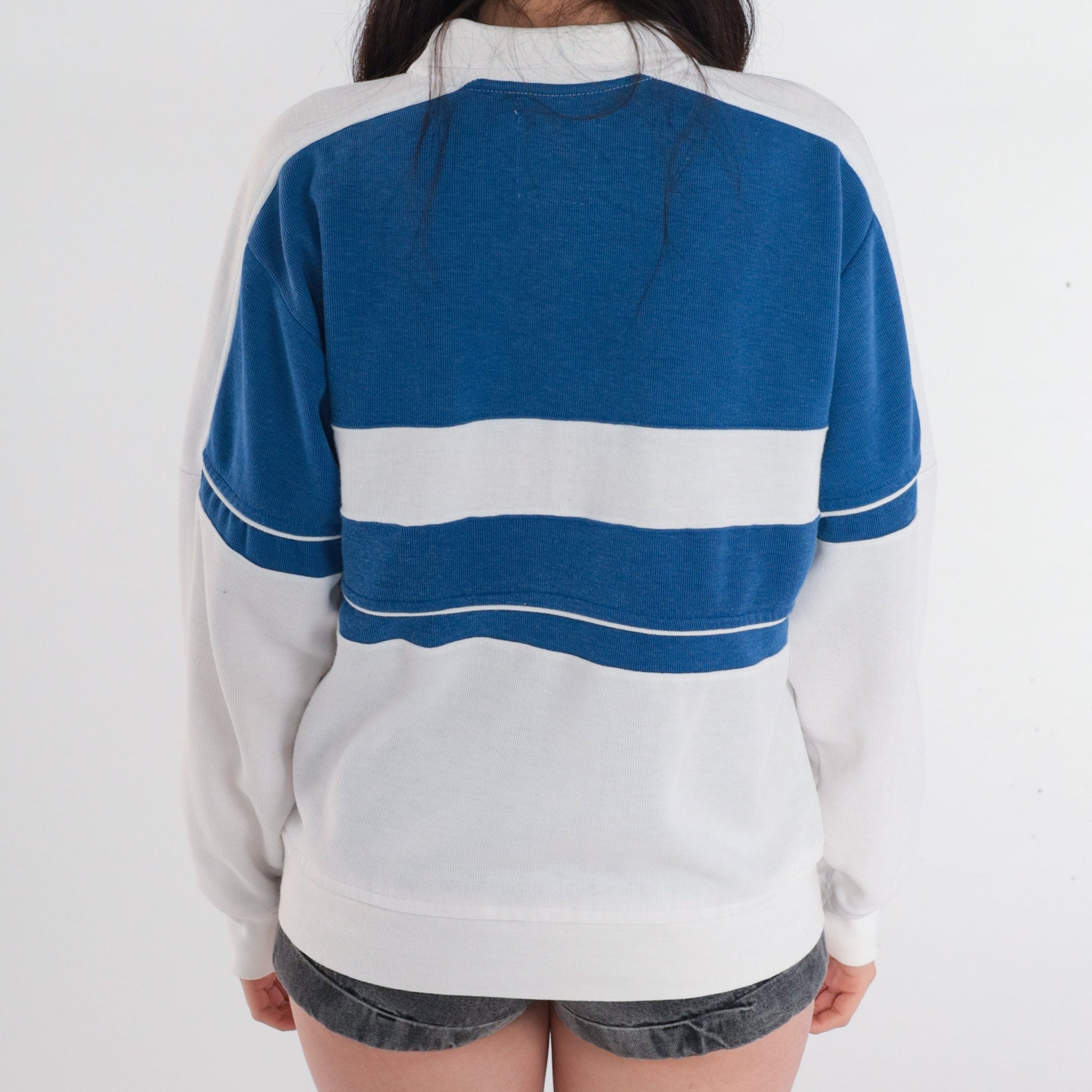 90s Polo Colour Block Striped Sweatshirt White Blue Button Pullover Medium