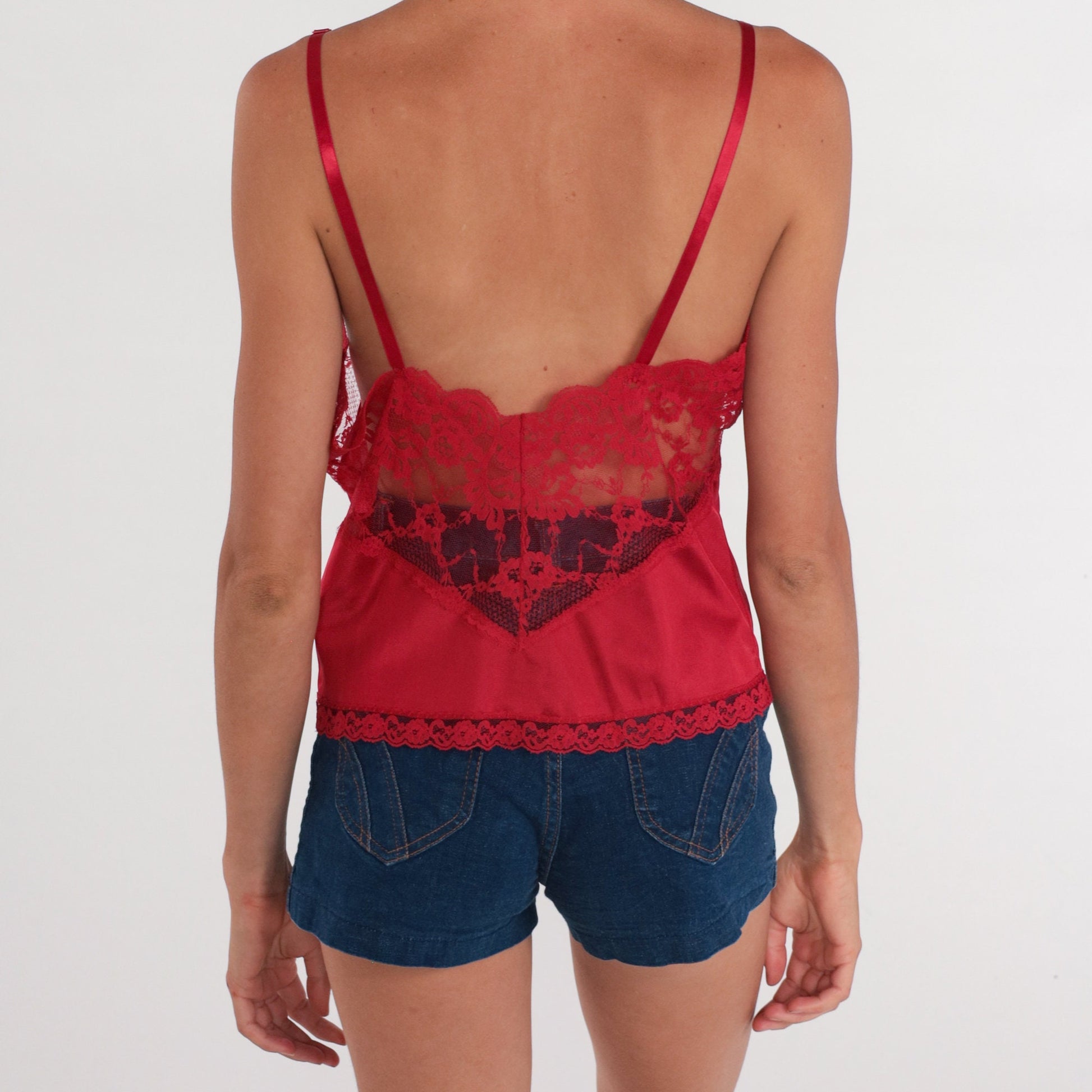 80s Body Chic Red Lace Camisole Tank Top Sheer Nylon Medium