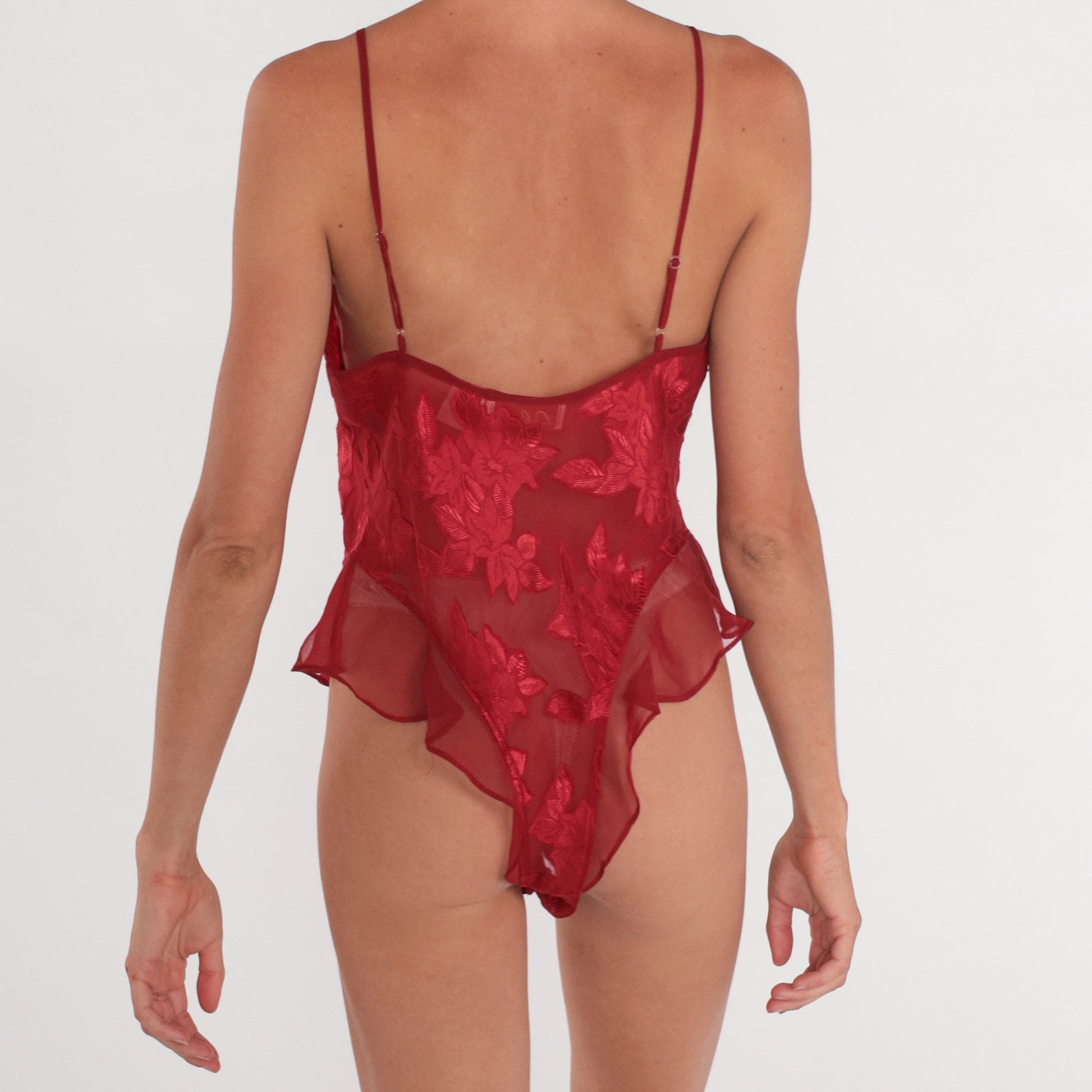 90s Red Floral Sheer Teddy Romper Empire Waist Tie Front Medium M