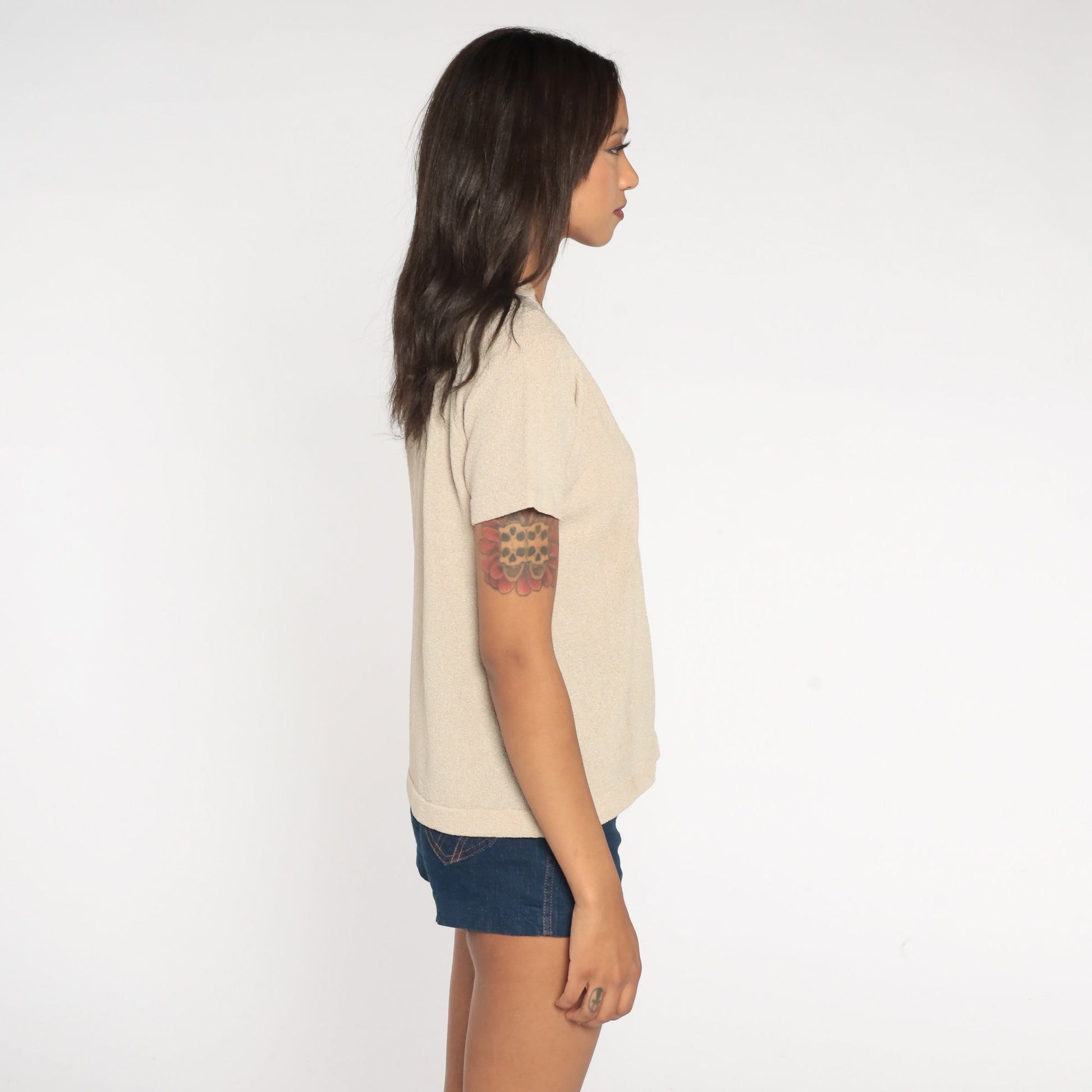 80s Beige V-Neck Raglan Sleeve T-Shirt Medium