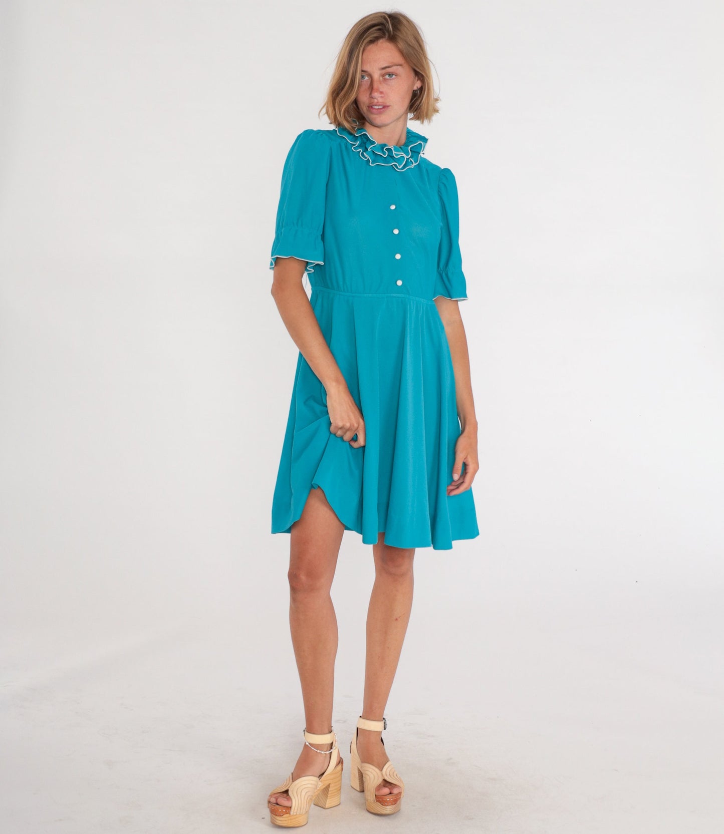 70s Teal Shirtwaist Mini Dress High Ruffle Collar Button-Up Medium M