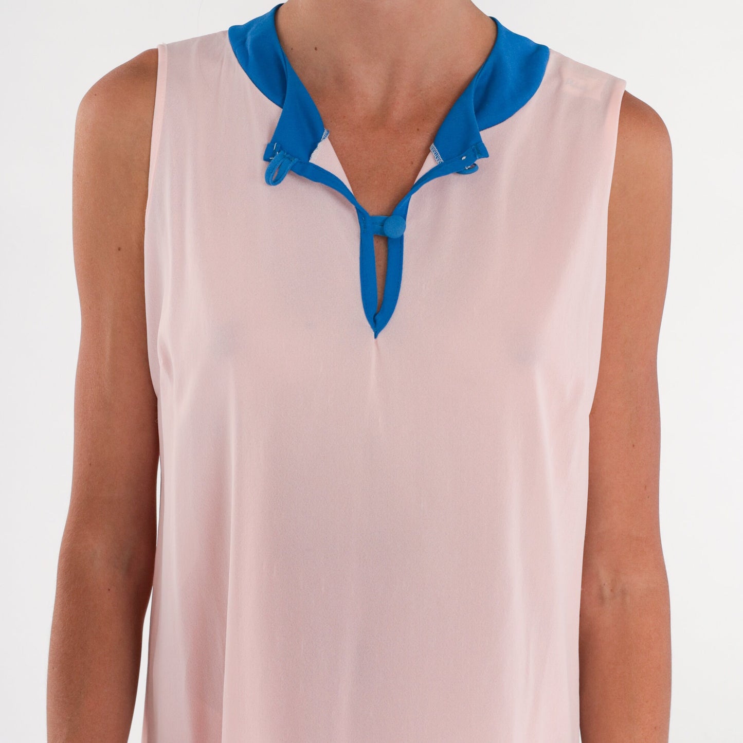 70s Pink Midi Dress Blue Trim Sleeveless Button-Up Column Large L