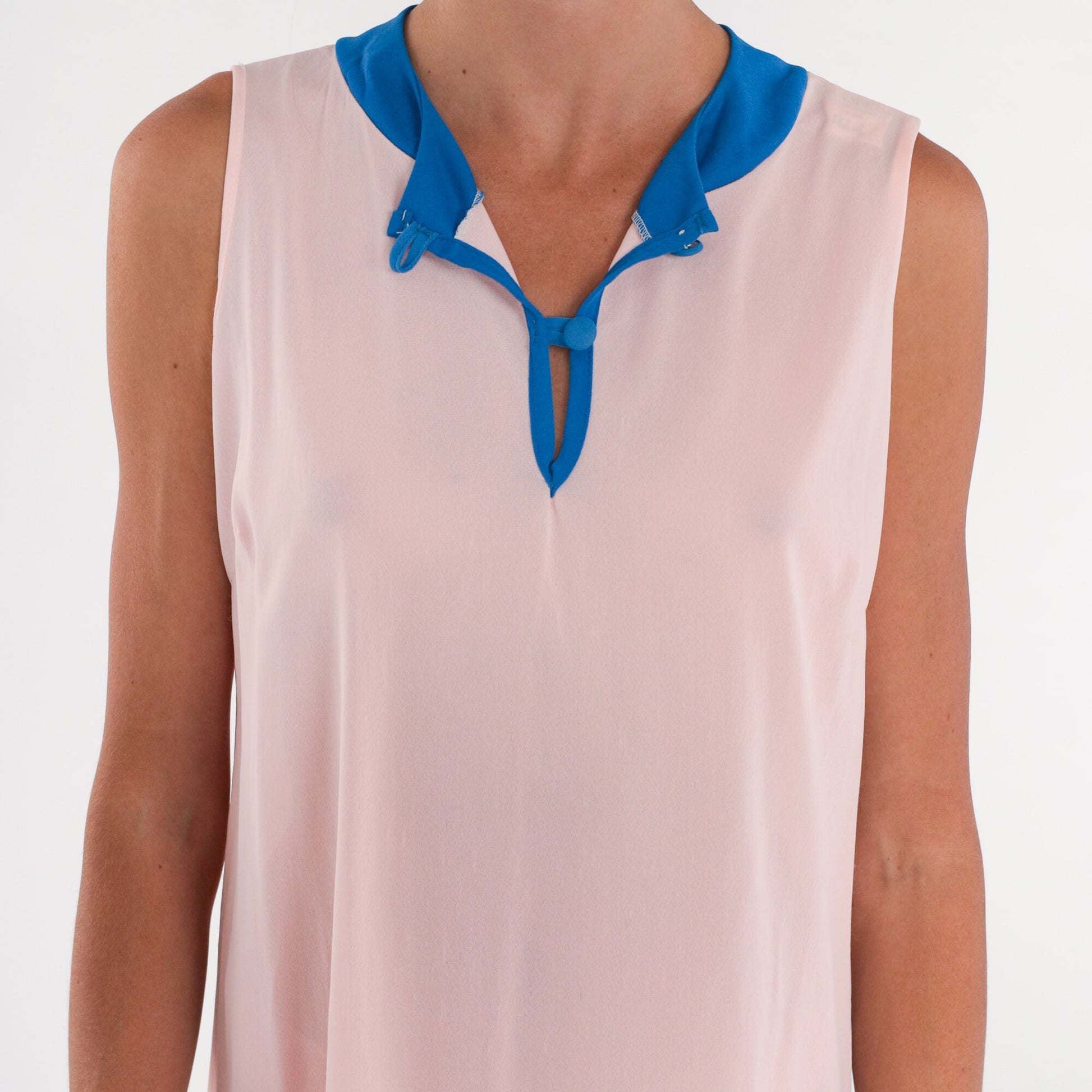 70s Pink Midi Dress Blue Trim Sleeveless Button-Up Column Large L