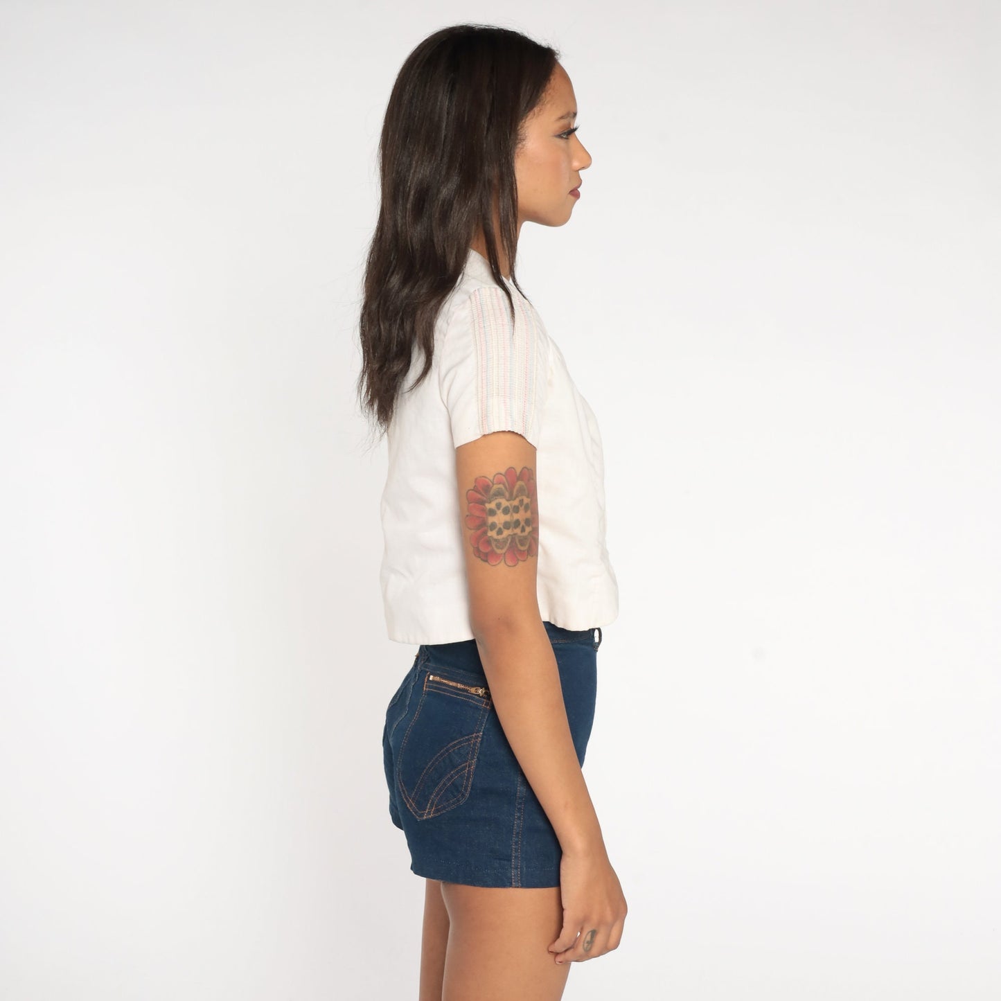 70s White Crop Top Rainbow Striped Short Sleeve Blouse Small S