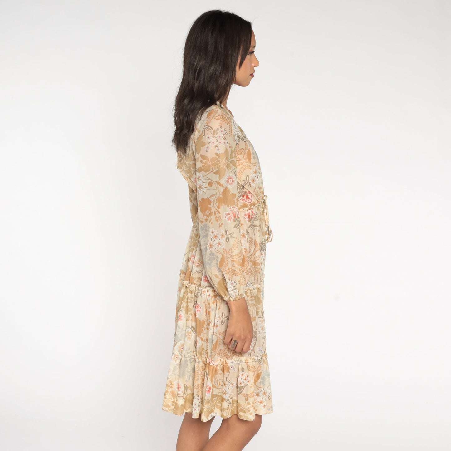 70s Sheer Floral Midi Dress Faux Wrap V Neck Tiered Long Sleeve Cream Small