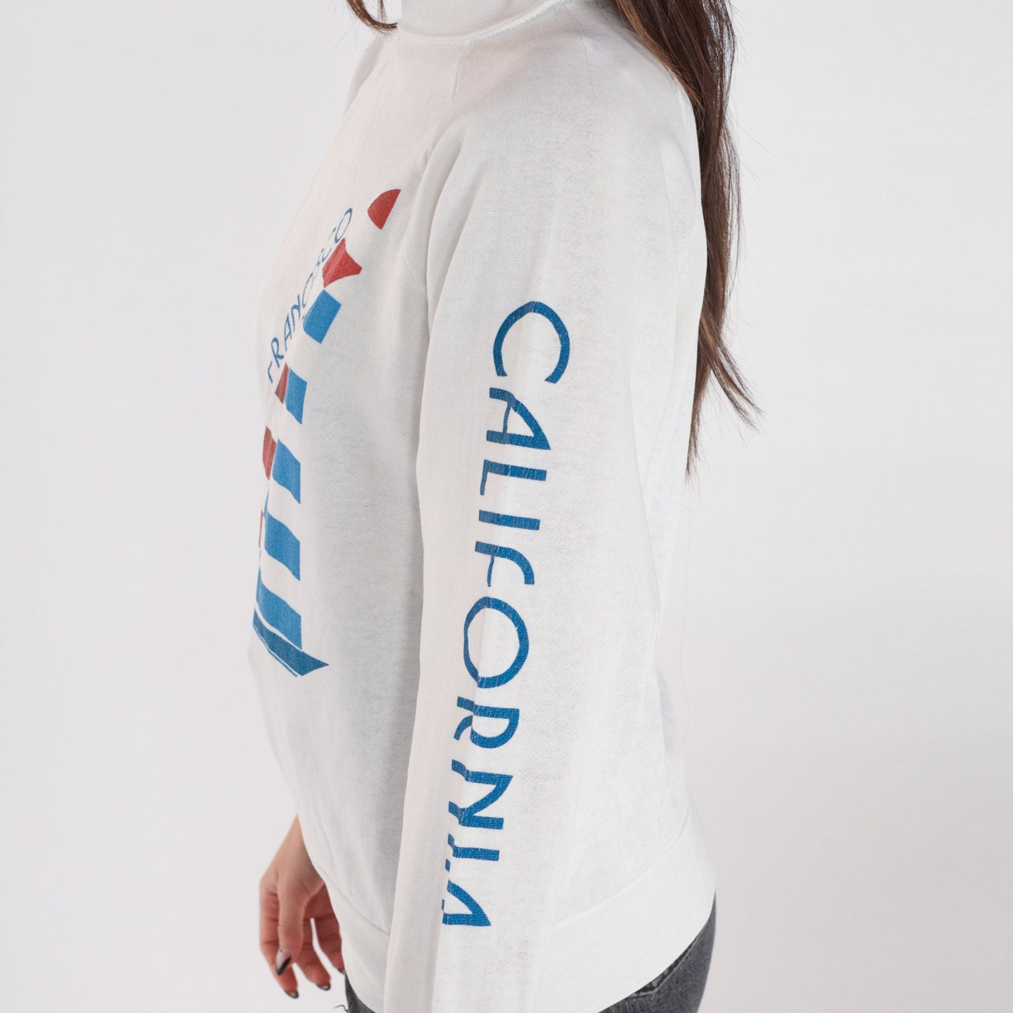 80s San Francisco California Sailboat Graphic Sweatshirt White Raglan Small