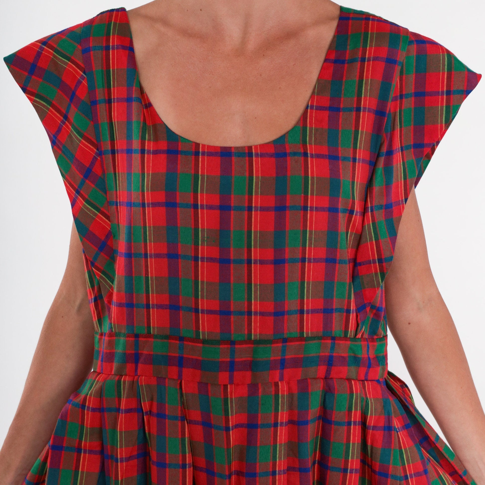 80s Red Green Plaid Pinafore Midi Dress High Waist Cap Sleeve Extra Large XXL