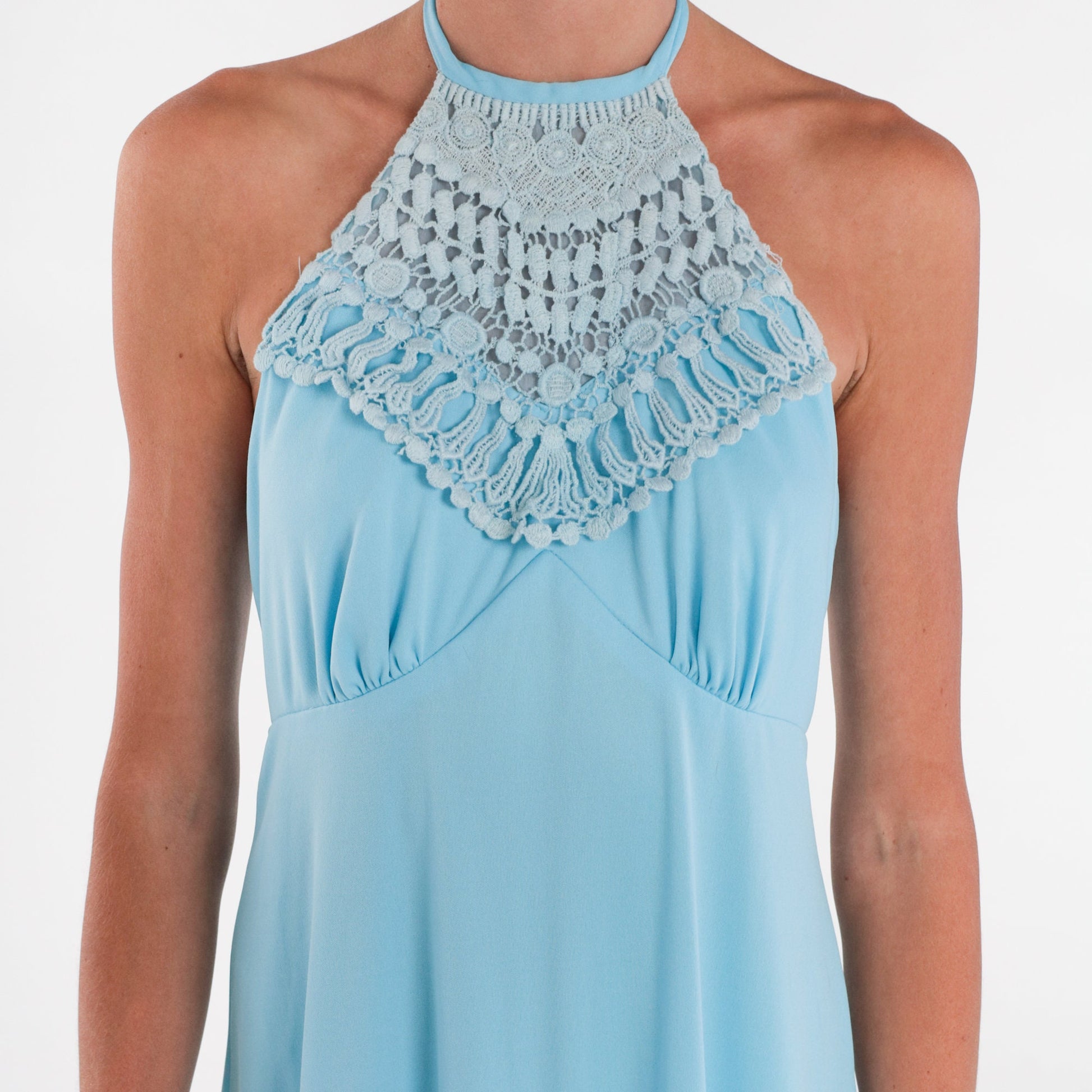 70s Blue Maxi Dress Halter Crochet Trim Open Back Empire Waist Small