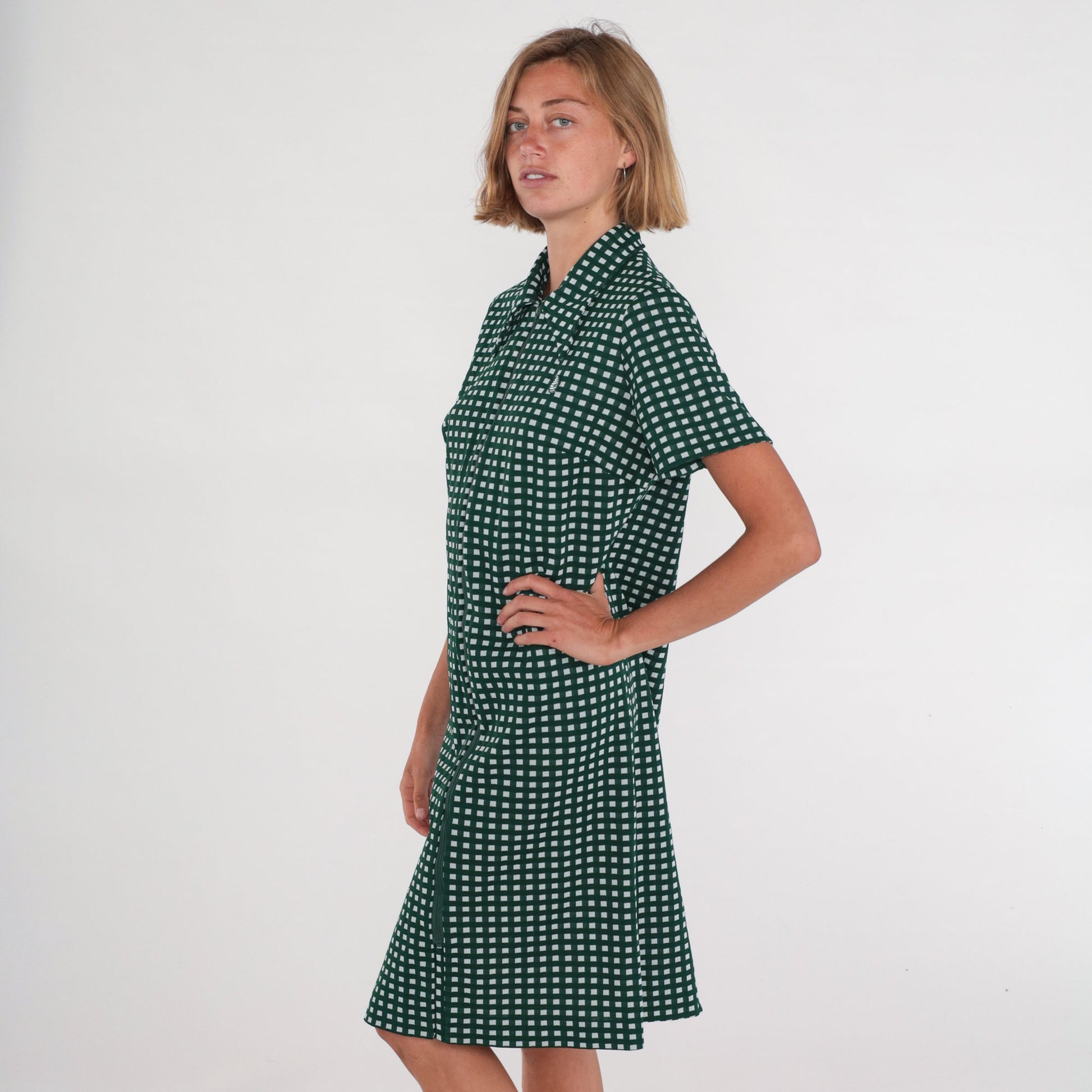 70s Mod Checkered Shift Dress Green White Dagger Collar Zip Front Knee Length Large L