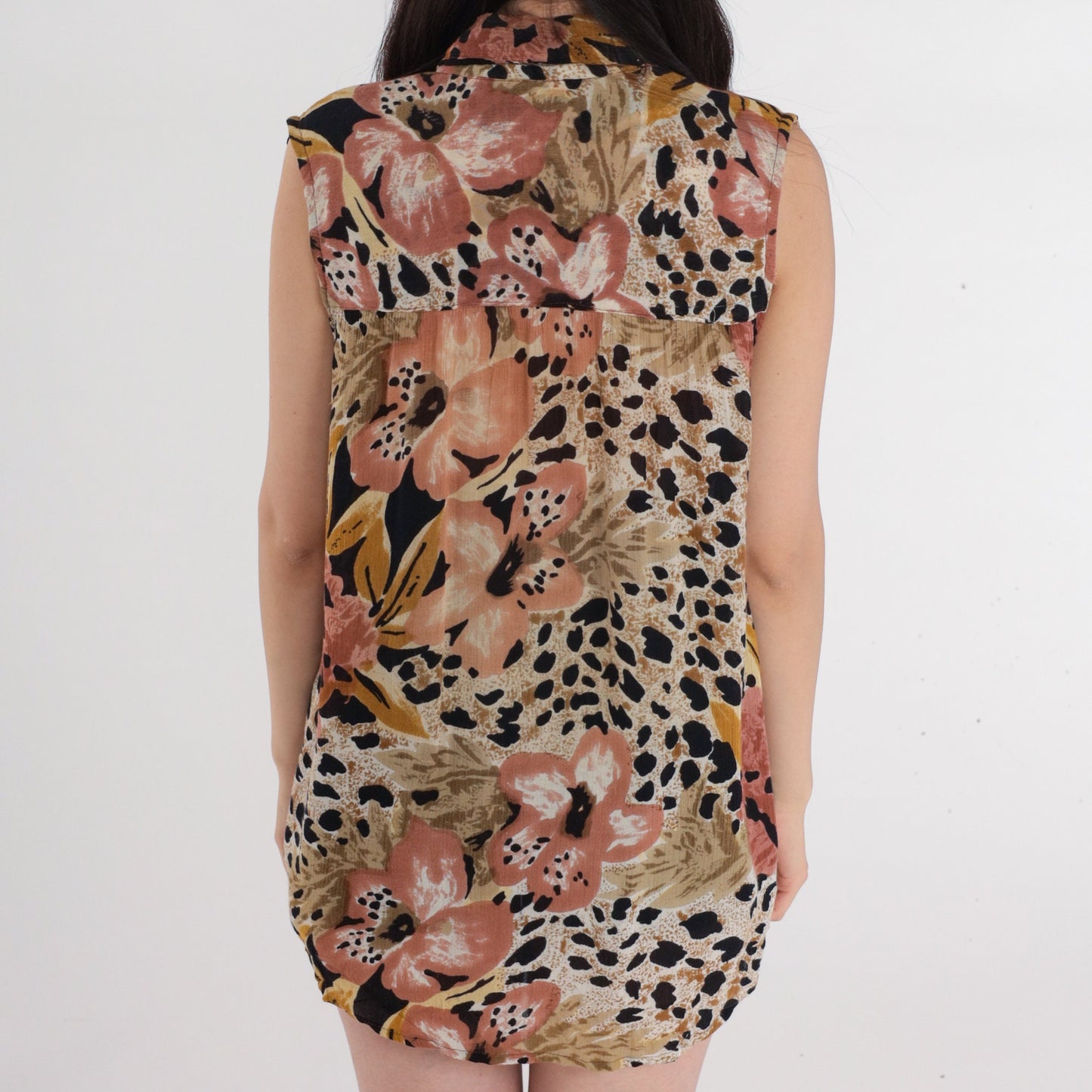 90s Leopard & Tropical Leaf Print Sleeveless Blouse Brown Rayon Medium