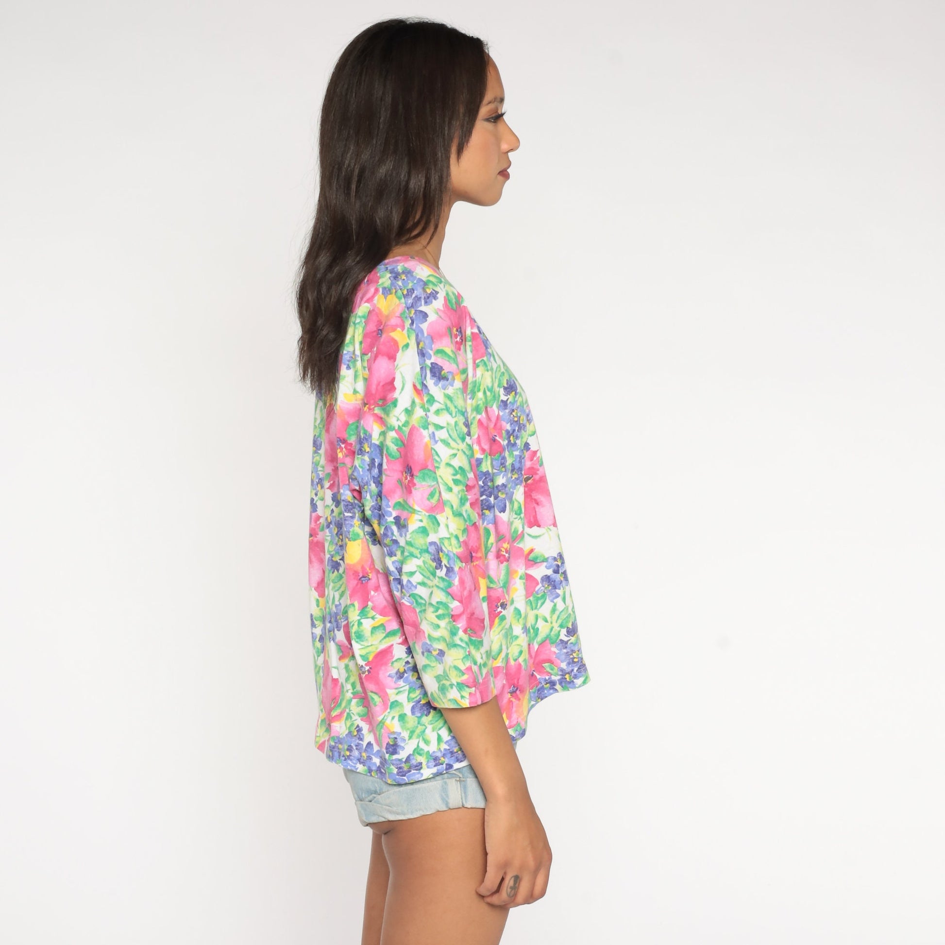 90s Floral Long Sleeve Shirt Flower Print Cotton Blend Women's 14/16