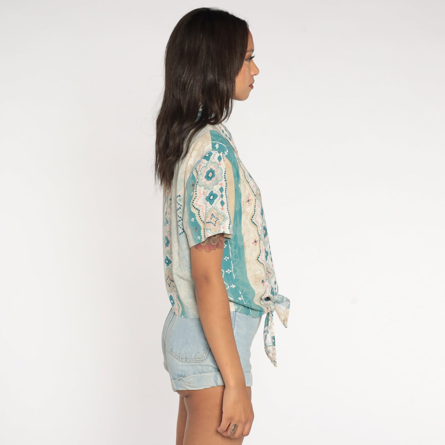 80s Geometric Striped Rayon Blouse Tie Waist Button Up Blue Green Medium