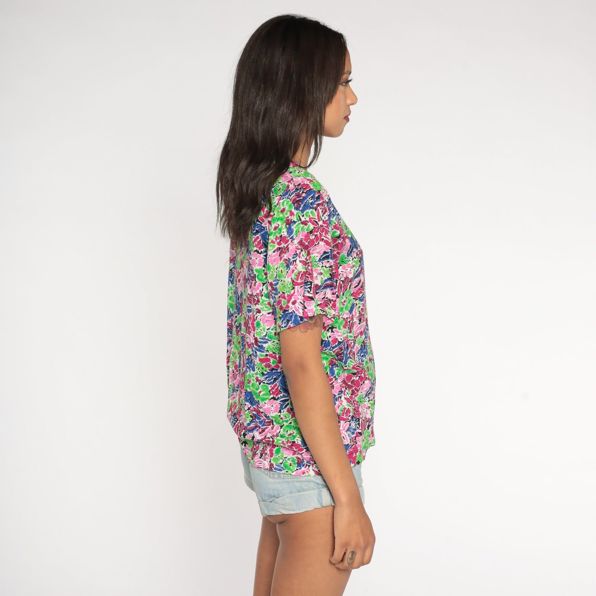 90s Floral Rayon Blouse Short Sleeve Pullover Top Neon Green Pink Purple Small S