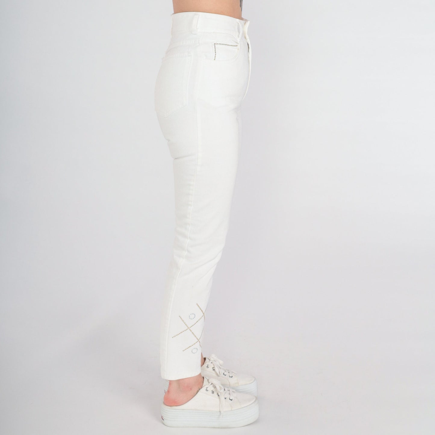 00s White Skinny Jeans XO Studded Rhinestone High Rise Cotton Small