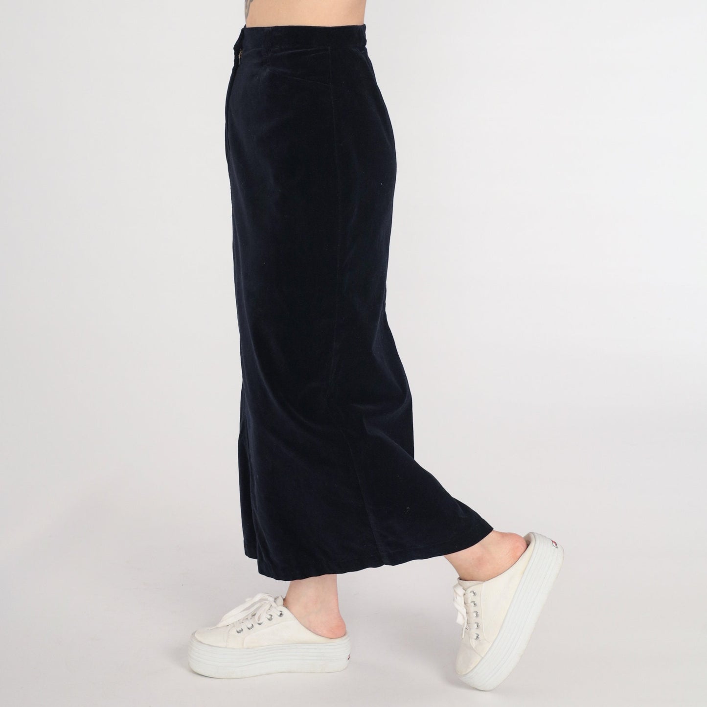 90s Black Velvet Maxi Pencil Skirt High Waist Rear Slit Small 4