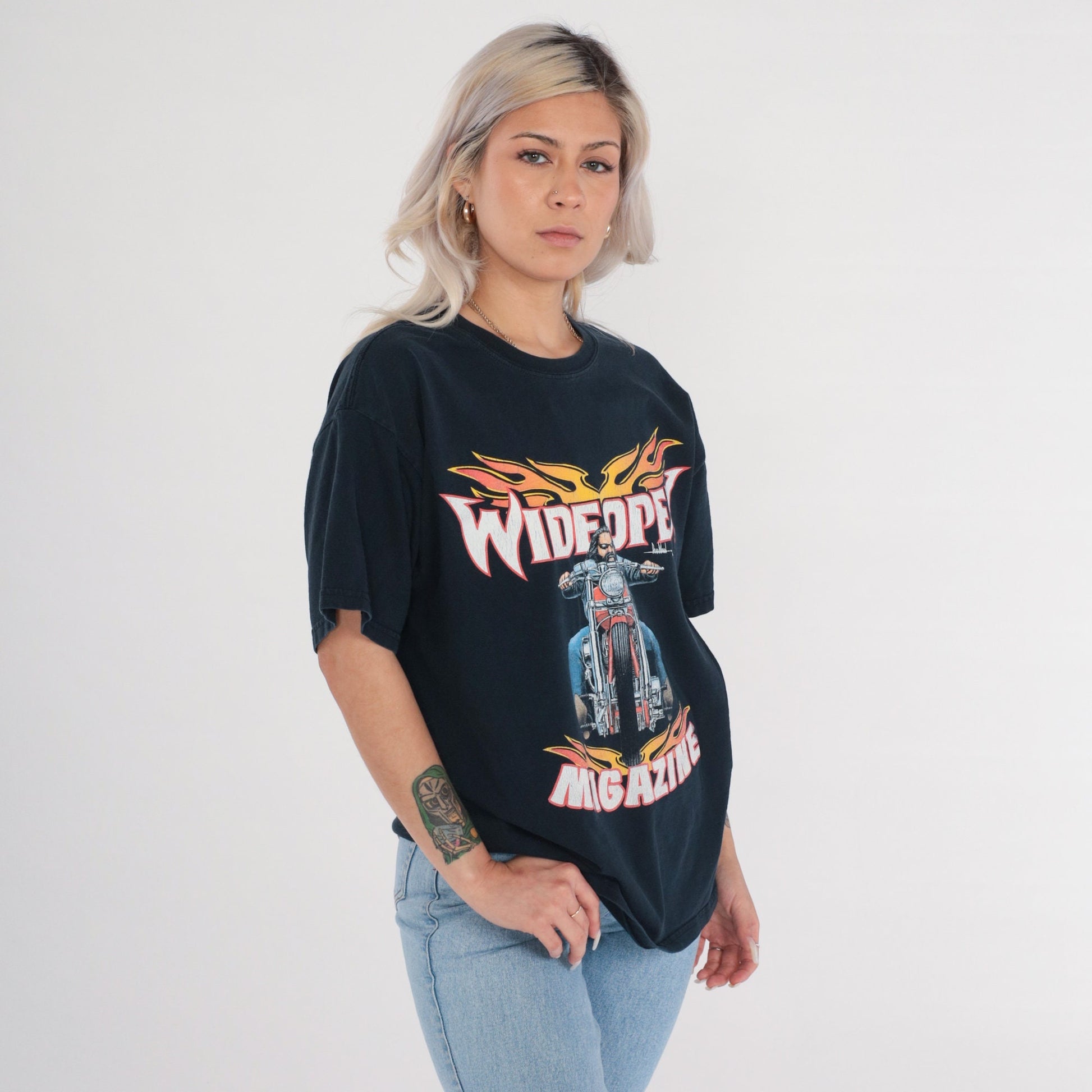 00s Wide Open Magazine Biker Graphic T-Shirt Black Flames Motorcycle Tee Large L