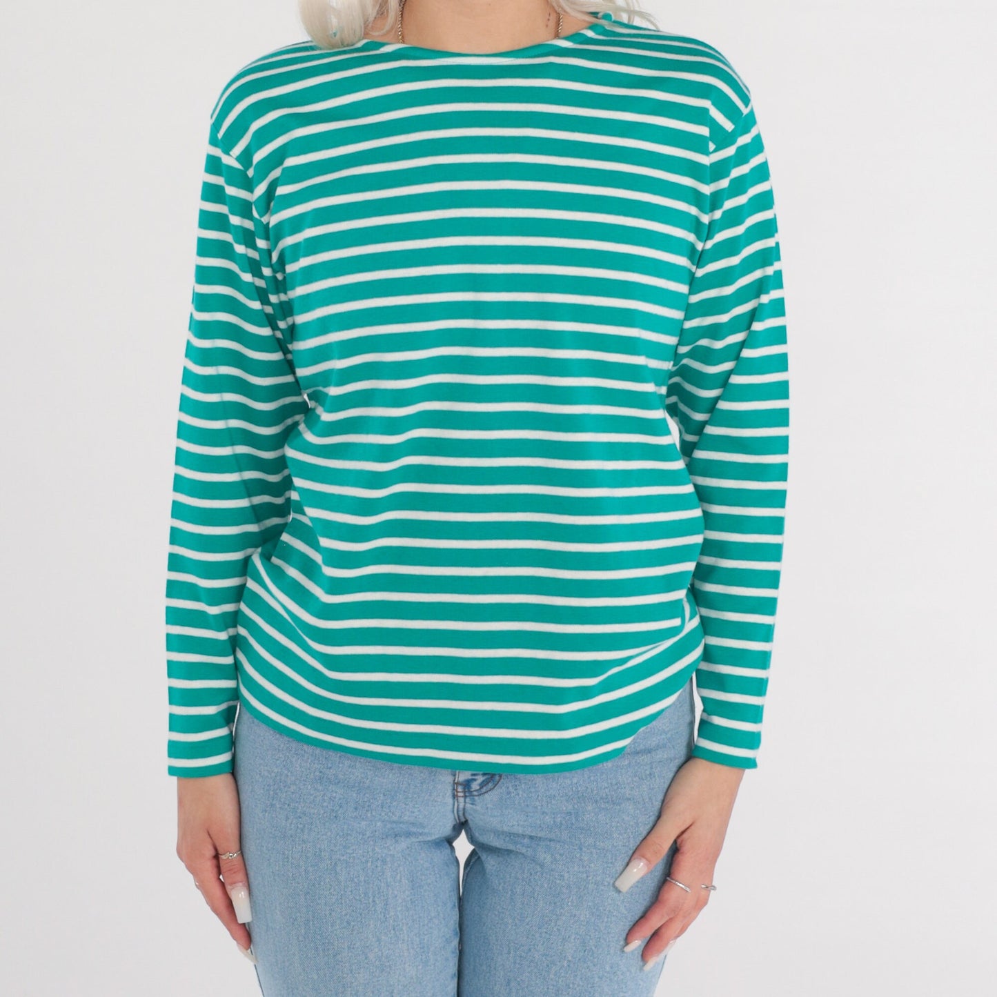 90s Green & White Striped Long Sleeve T-Shirt Cotton Tee Medium