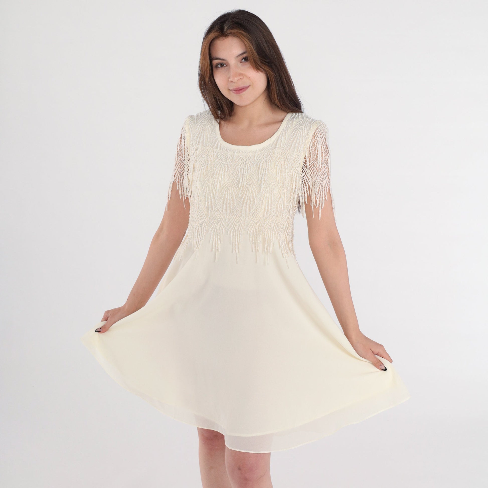 90s Cream Mini Dress Crochet Fringe Capelet Short Sleeve Small