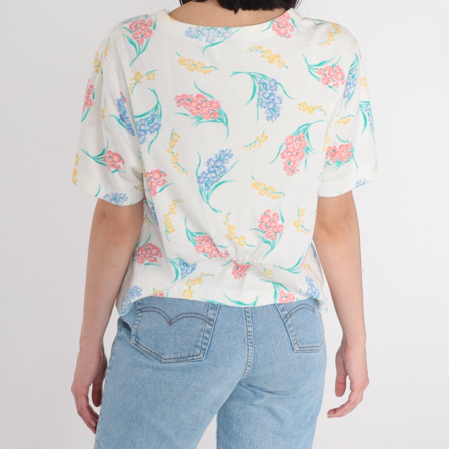 80s Jaclyn Smith Sport White Floral Button-Up Blouse Short Sleeve Large L