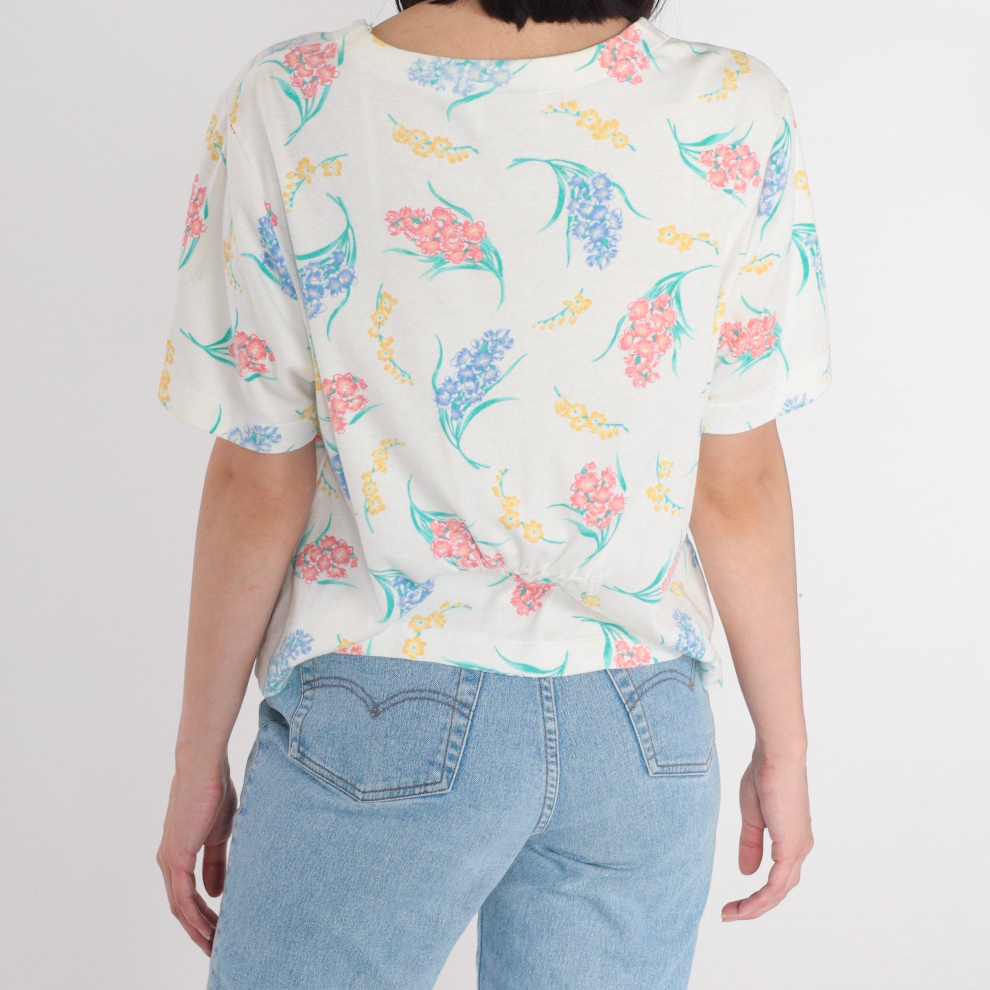80s Jaclyn Smith Sport White Floral Button-Up Blouse Short Sleeve Large L