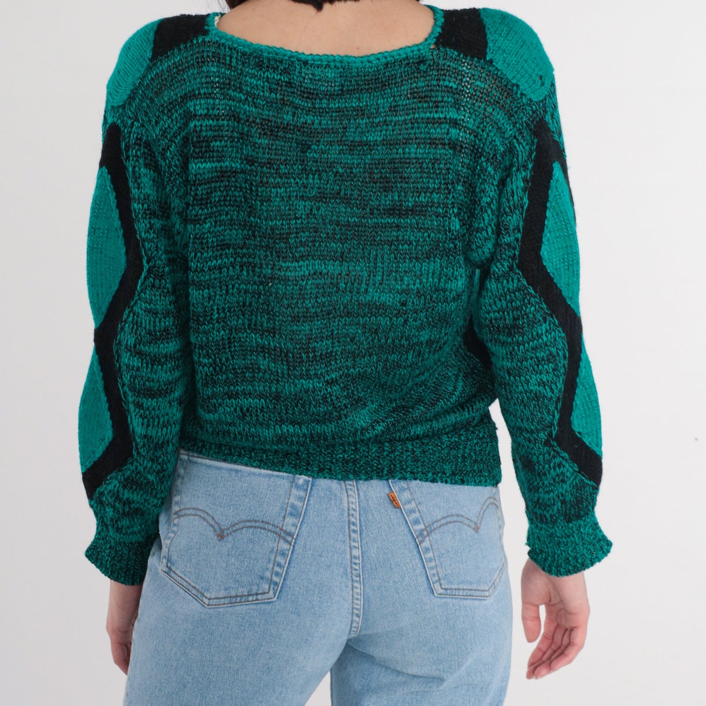 80s Diamond Sweater Black Green Keyhole Cutout Wool Blend Pullover Large