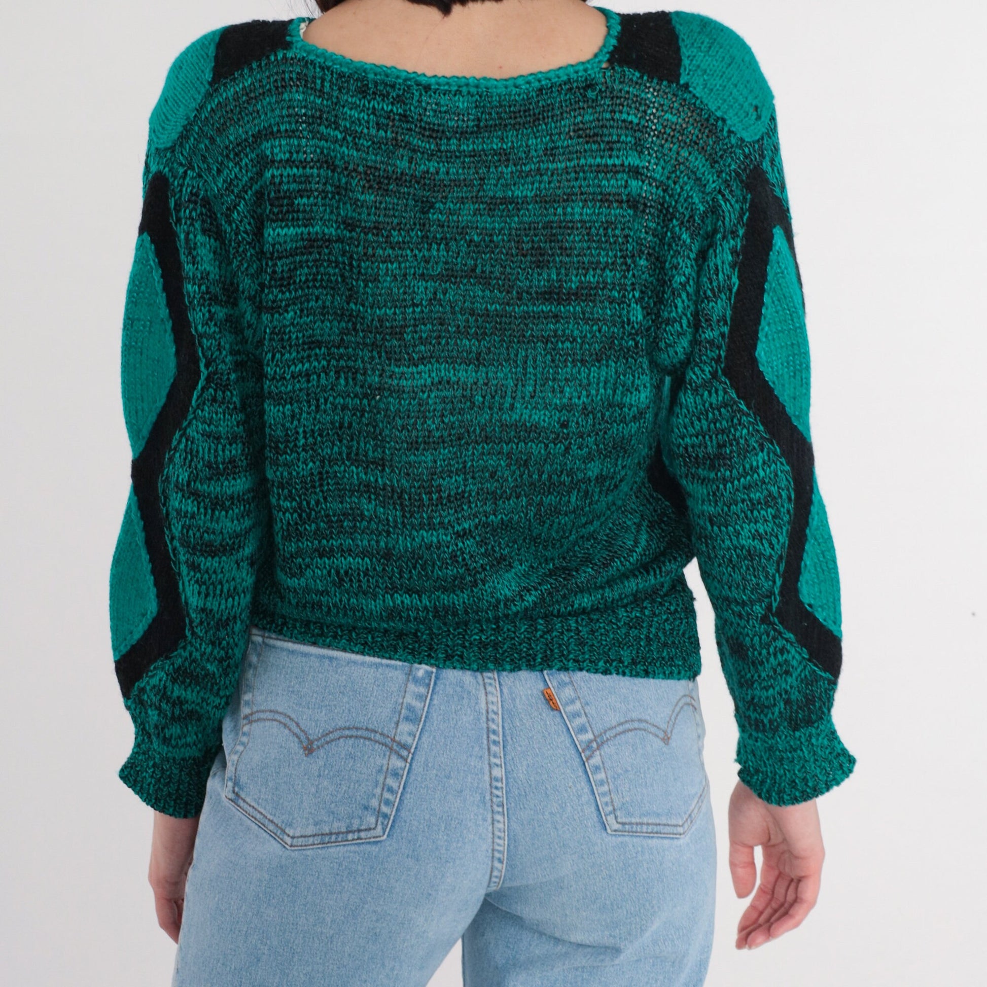 80s Diamond Sweater Black Green Keyhole Cutout Wool Blend Pullover Large