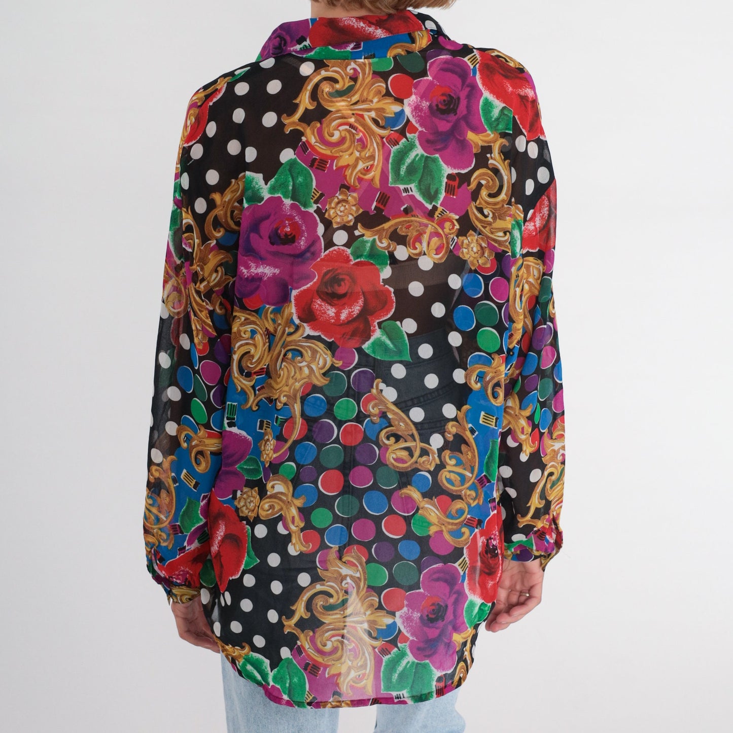 90s Express Baroque Floral Polka Dot Button-Up Blouse Long Sleeve Medium