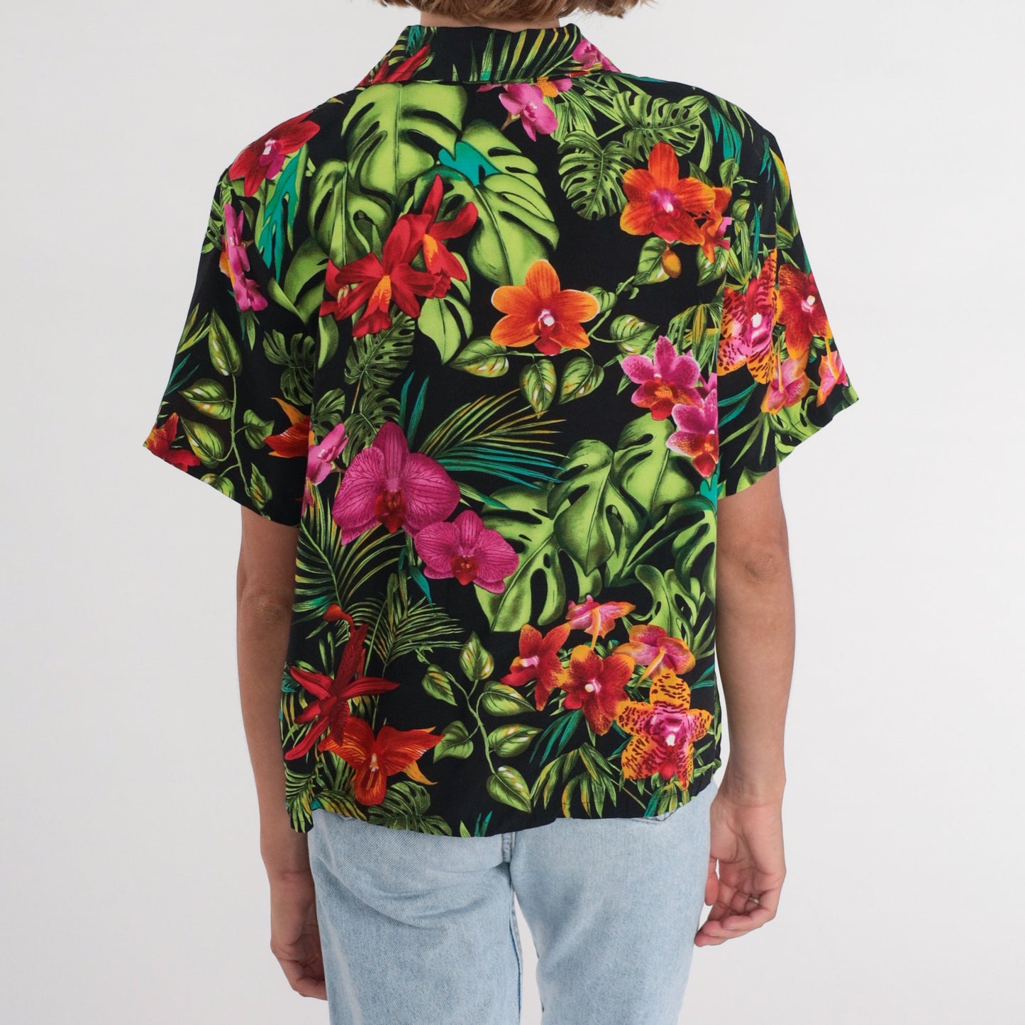 90s Tropical Floral Button-Up Blouse Black Hibiscus Short Sleeve Medium