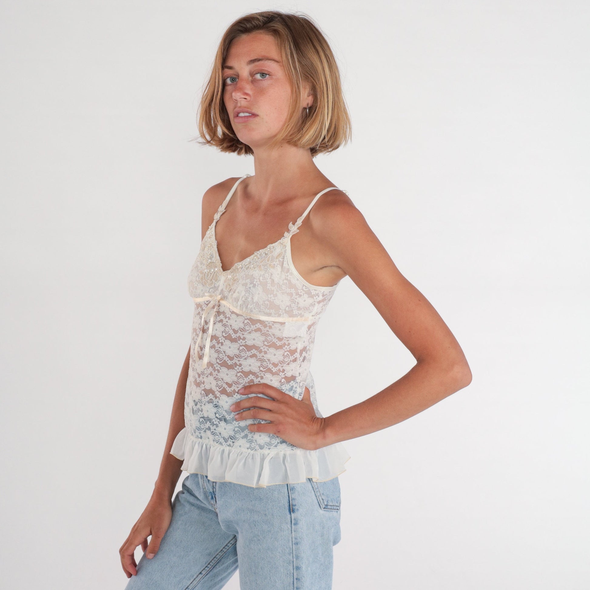 Y2K White Lace Camisole Sheer Floral Beaded Empire Waist Ruffled Small
