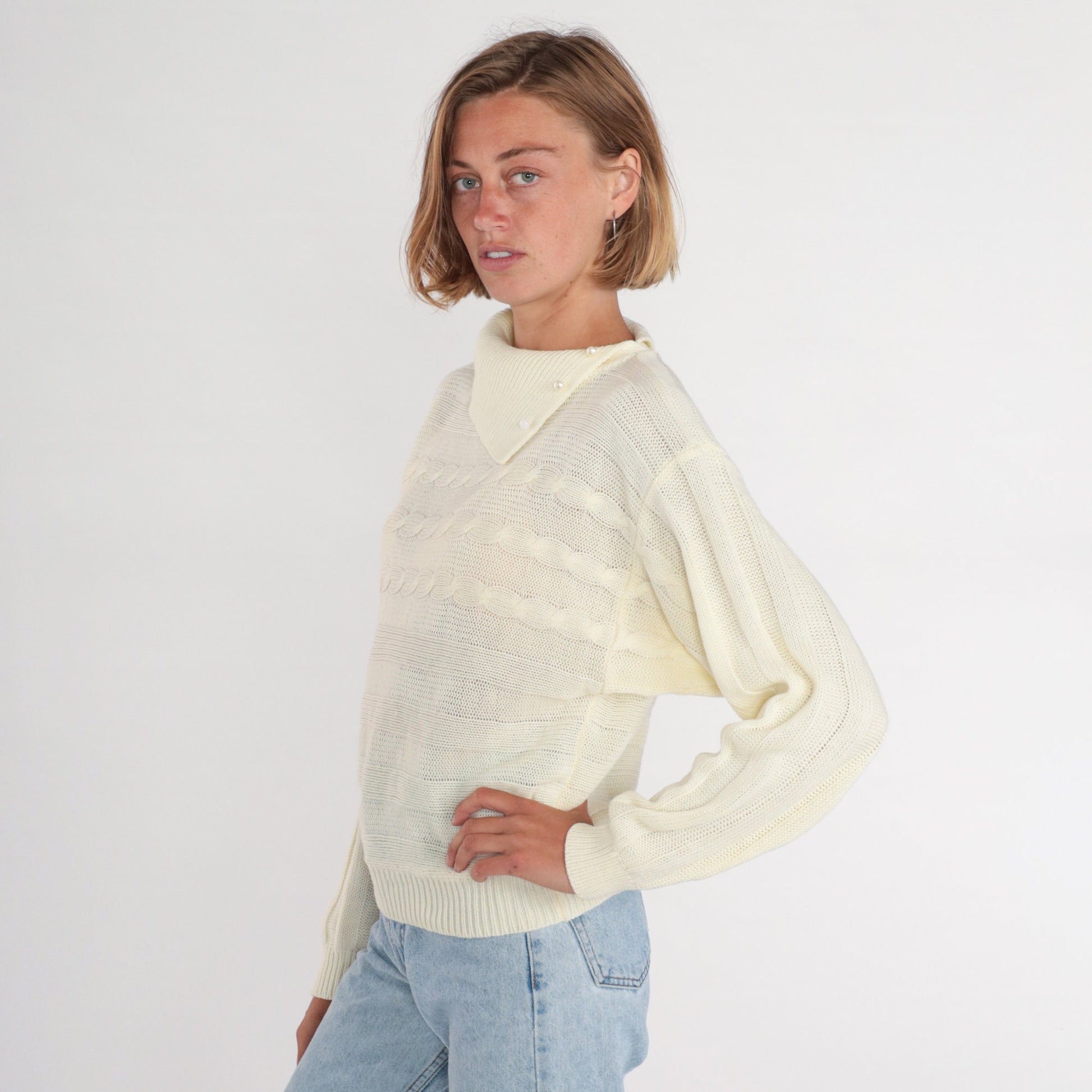 80s Cream Cable Knit Sweater Convertible Collar Pullover Medium M
