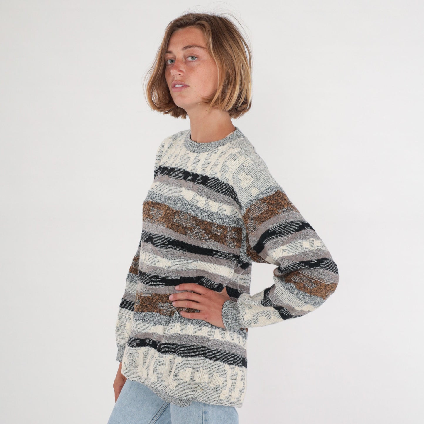 80s Geometric Striped Knit Sweater Grey Brown Cream Black Crewneck Large