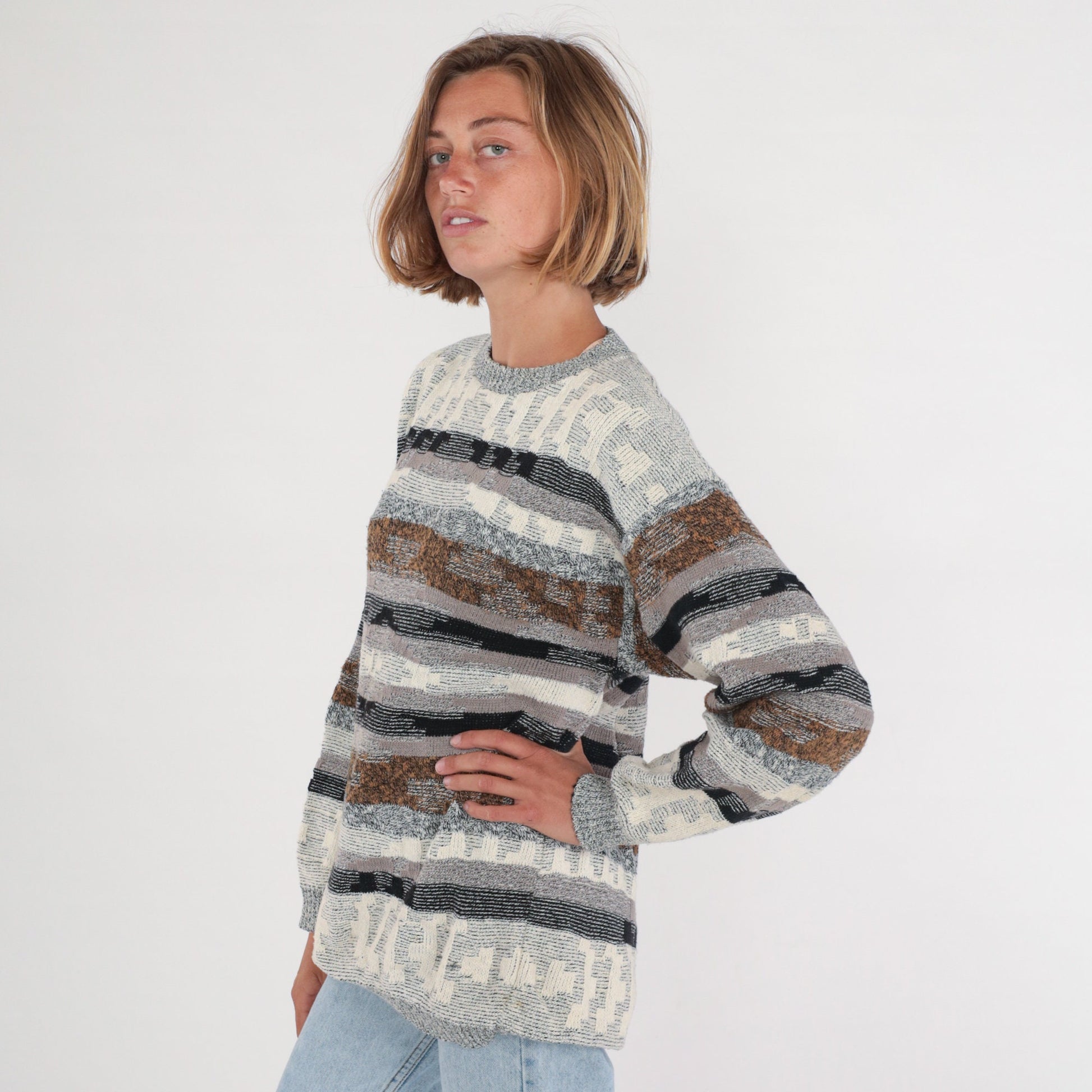 80s Geometric Striped Knit Sweater Grey Brown Cream Black Crewneck Large