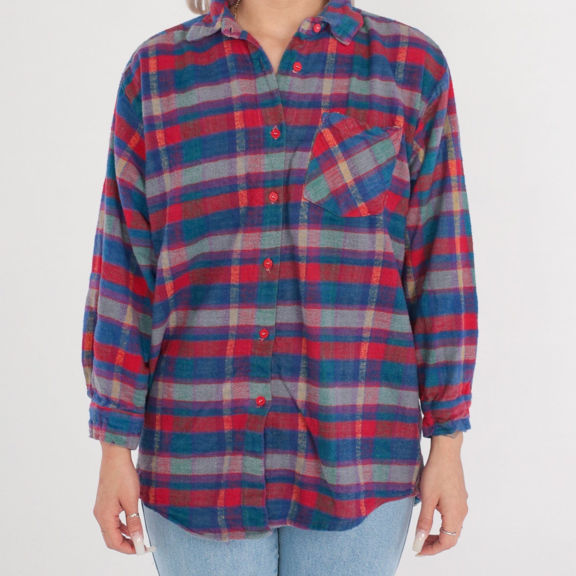 90s Plaid Cotton Flannel Shirt Button Up Long Sleeve Medium