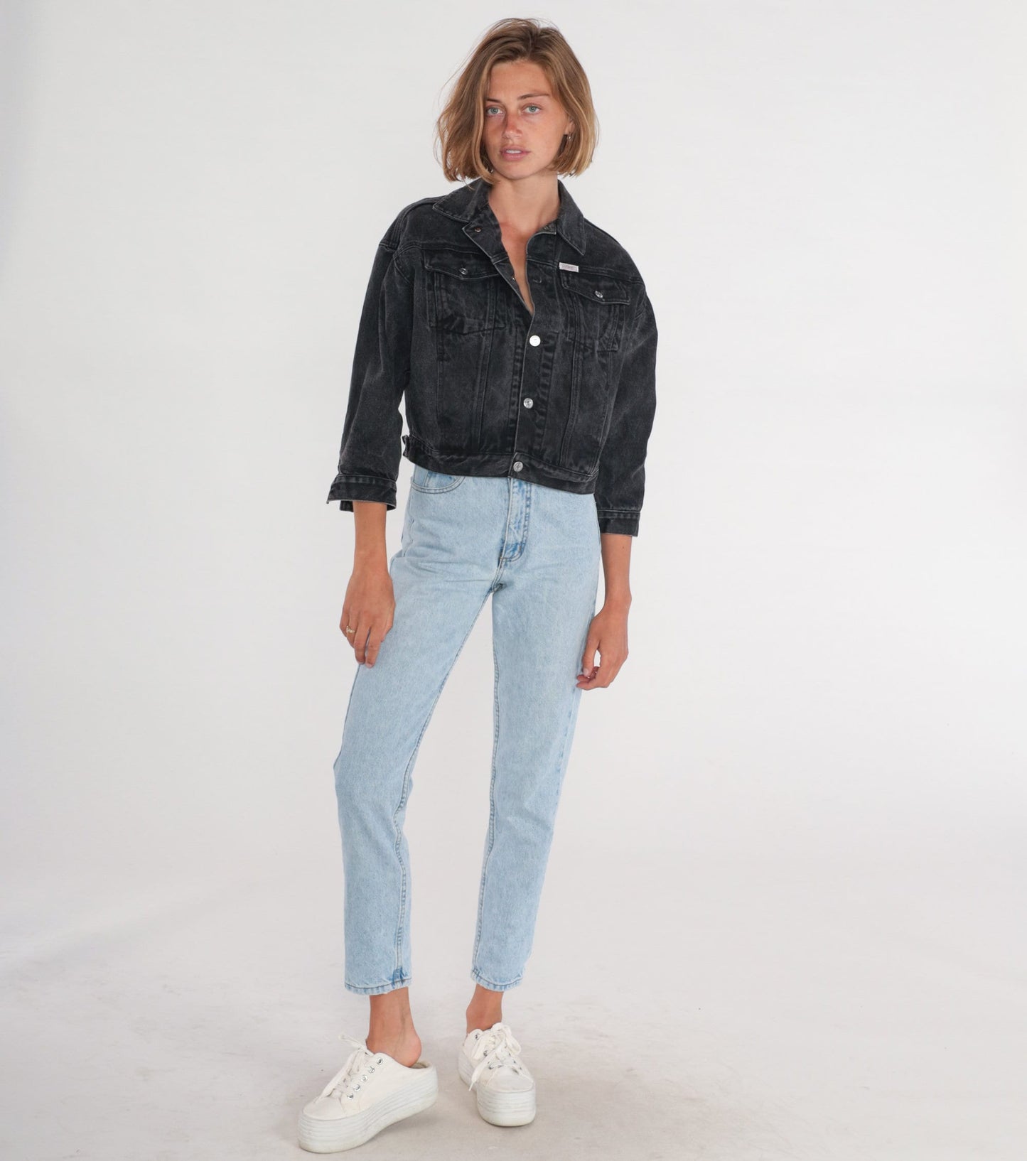 90s Guess Black Denim Jacket Cropped Airbrushed Vegetarian Print Medium