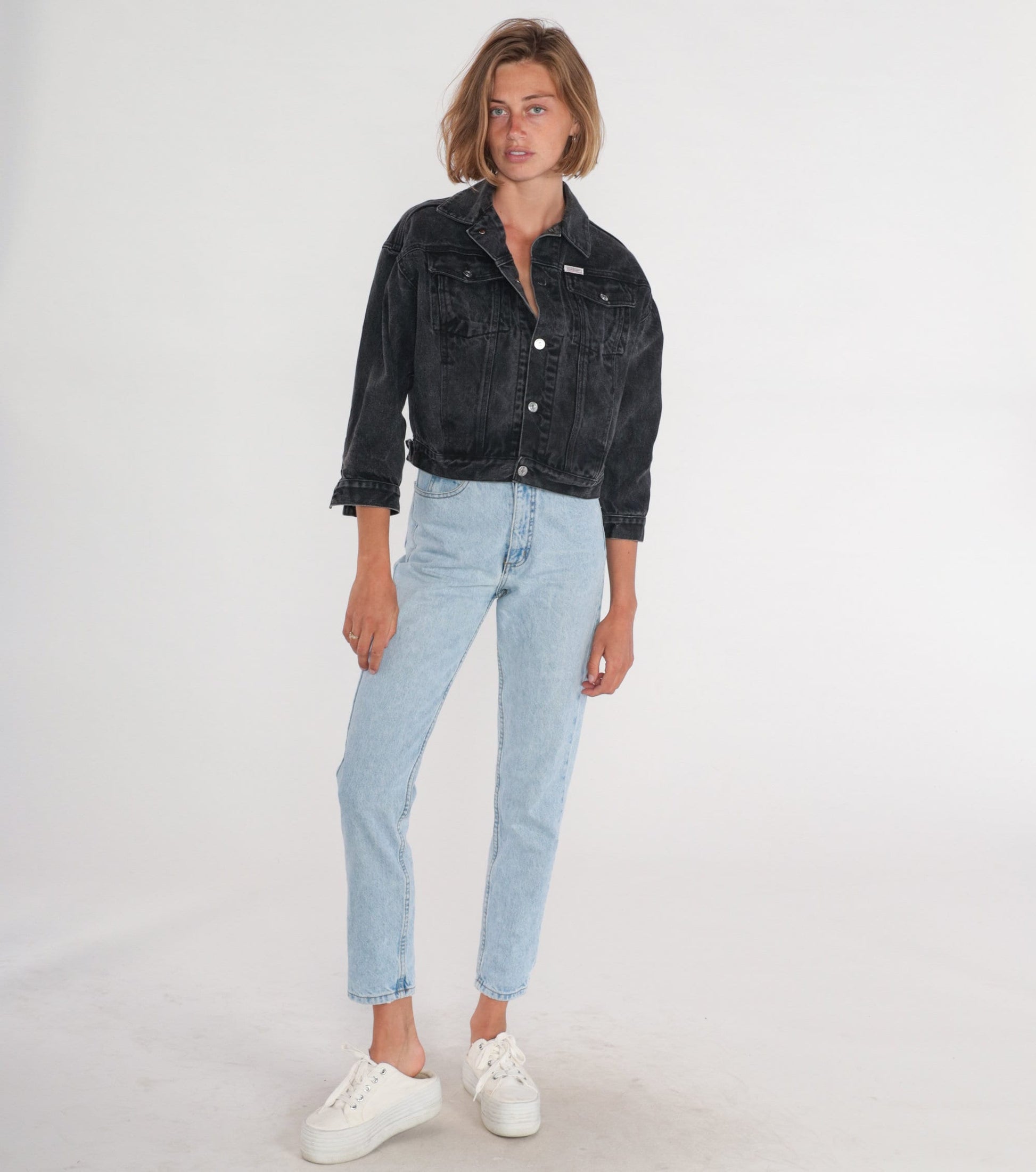 90s Guess Black Denim Jacket Cropped Airbrushed Vegetarian Print Medium