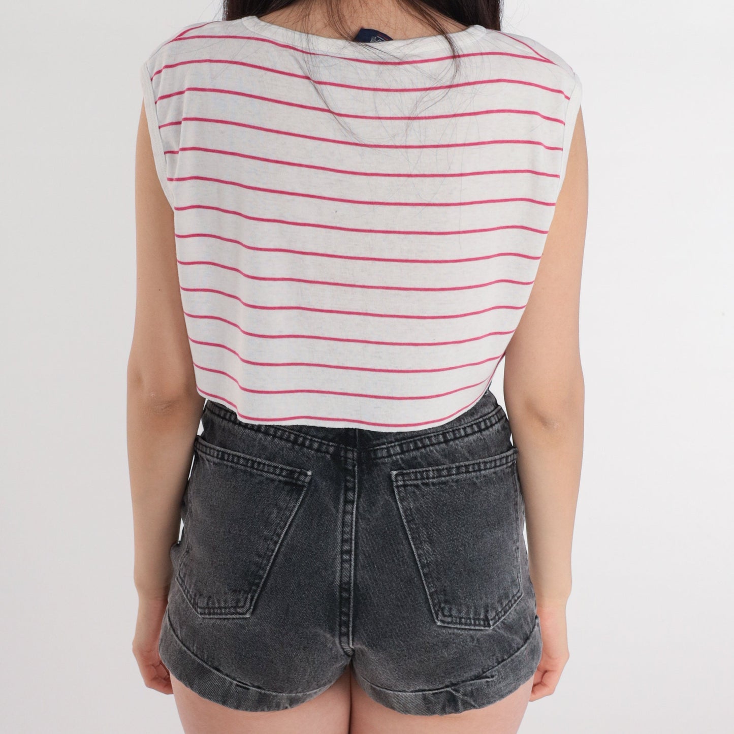 80s Striped Crop Tank Top White Pink Raw Hem Cutoff Small Medium