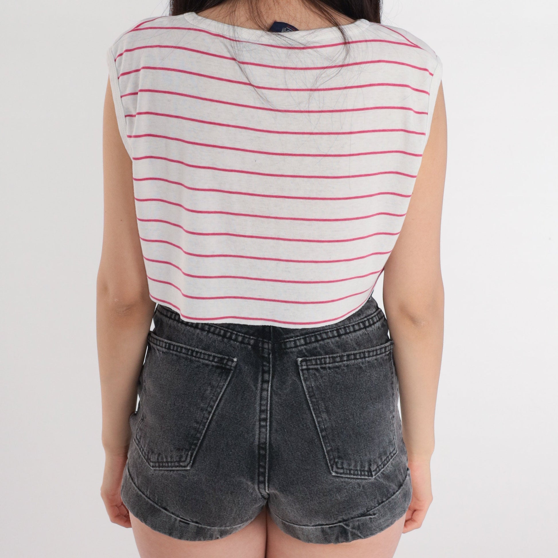 80s Striped Crop Tank Top White Pink Raw Hem Cutoff Small Medium